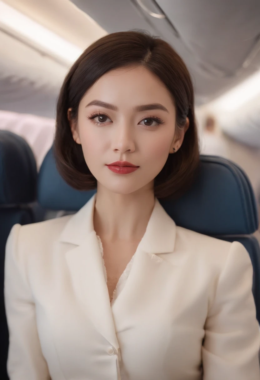 1womanl, 40 years、hyperdetailed face、Detailed lips、A detailed eye、二重まぶた、(Black bob hair、Like a stewardess on an airplane々Doing a good job)、(Stewardess uniform:1.2)、(Glamorous body)、(Colossal tits)、smil、thighs thighs thighs thighs, Perfect fit, Perfect image realism, Background with: (Business Class aisle on airplanes:1.2), Cowboy Shot, Meticulous background with, detailed costume, Perfect litthing、Hyper-Realism、(Photorealsitic:1.4)、8K maximum resolution, (masterpiece), ighly detailed, Professional