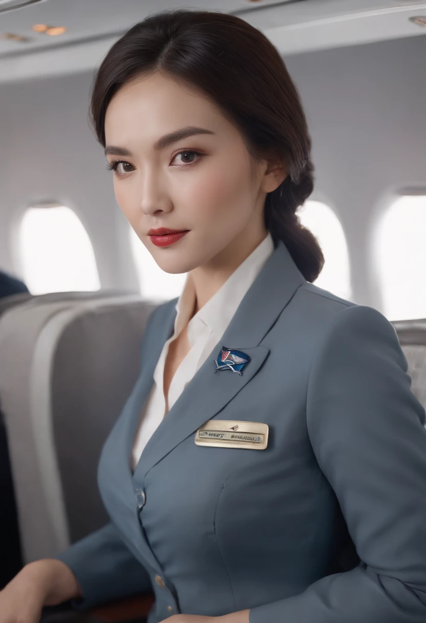 1womanl, 40 years、hyperdetailed face、Detailed lips、A detailed eye、二重まぶた、(Black bob hair、Like a stewardess on an airplane々Doing a good job)、(Stewardess uniform:1.2)、(Glamorous body)、(Colossal tits)、smil、thighs thighs thighs thighs, Perfect fit, Perfect image realism, Background with: (Business Class aisle on airplanes:1.2), Cowboy Shot, Meticulous background with, detailed costume, Perfect litthing、Hyper-Realism、(Photorealsitic:1.4)、8K maximum resolution, (masterpiece), ighly detailed, Professional