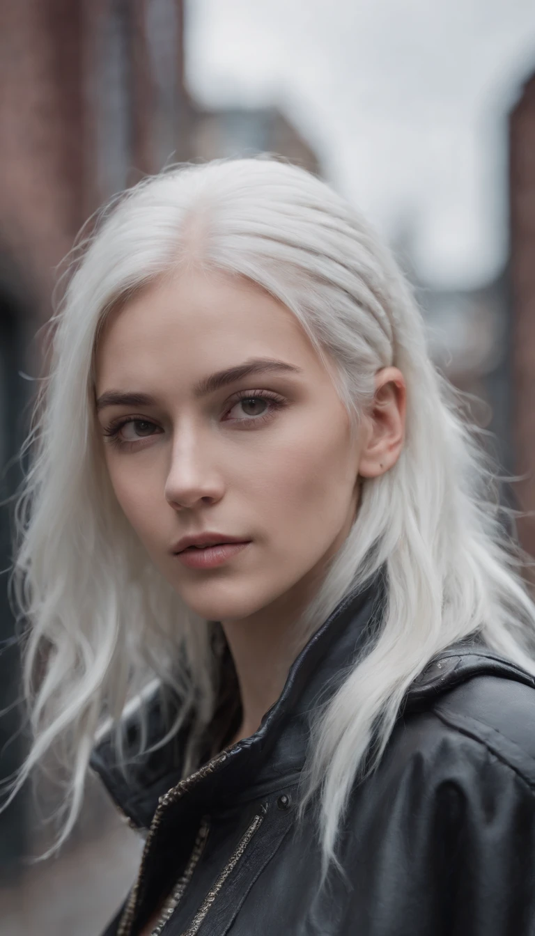 1girls, White hair, Lange Haare, Techwear-Meisterwerk, best qulaity, realistisch, Realismus, dunkelviolette Jacke, portrait, Detaillierte Augen, Tragen eines Headsets, Platin Haar, 21 year old girl, Modische Pose, half body, Weitwinkel-Shooting, on the street, Cyberpunk