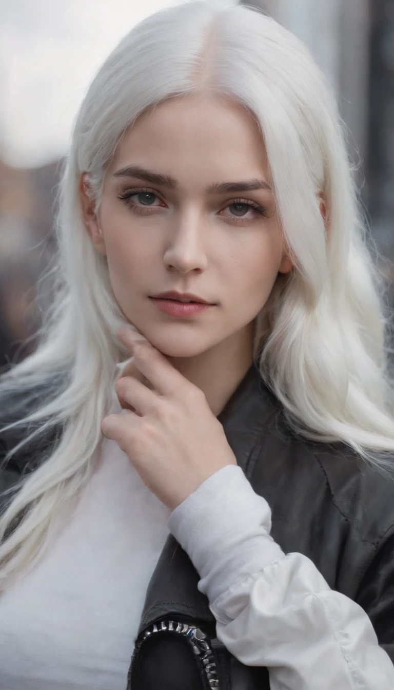 1girls, White hair, Lange Haare, Techwear-Meisterwerk, best qulaity, realistisch, Realismus, dunkelviolette Jacke, portrait, Detaillierte Augen, Tragen eines Headsets, Platin Haar, 21 year old girl, Modische Pose, half body, Weitwinkel-Shooting, on the street, Cyberpunk