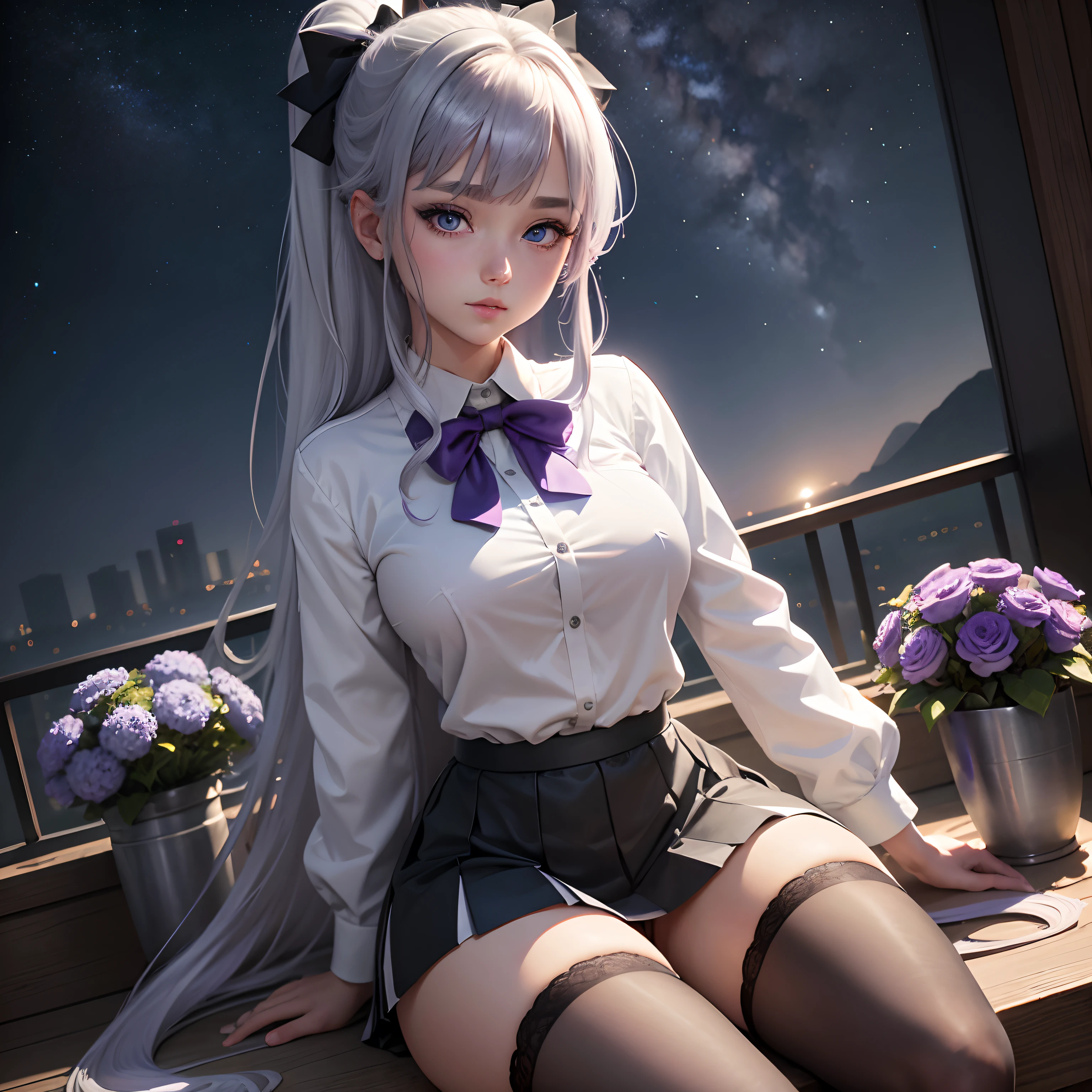 Best Quality, masutepiece,, Illustration, Wallpaper,1girl in, Solo, School uniform, White shirt, Black skirt, Bright purple-silver hair, Semi-long hair, Beautiful detailed girl, extremely detailed eye and face, Beautiful detailed eyes, Shy, natural_Lighting, Glow,NSFW, Clean sky, Looking at Viewer, Outdoors, nigh sky, Star (skyporn), lowfers, Black pantyhose, blue bowtie, Straight hair, Purple petals, Purple and blue flowers, Red pupil, Ponytail, Blue Ribbon,White hair, Thick_thighs thighs thighs thighs, Large breasts,knee sox,