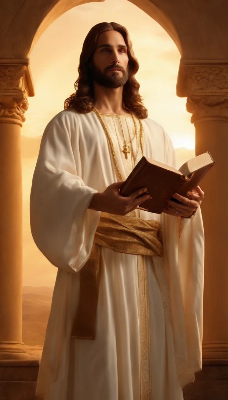 (hightquality: 1.3), cinematic still shot, masterpiece, (foco nítido: 1.5), (Photorealista: 1.3), medium portrait (Jesus with the Bible in a fancy setting), 细致背景, clear lighting, Twilight Lighting, volume illumination, intricate-detail, nffsw, Angel in the background
