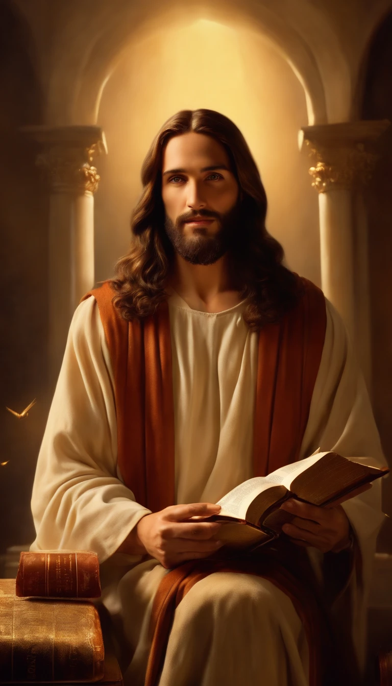 (best quality,highres,masterpiece:1.2),ultra-detailed,realistic,photorealistic:1.37,Jesus as a fair judge pointing his finger at an open book,fair judgement.Jesus wearing a white robe with a golden sash,holy and majestic,long,flowing hair and a full,graceful beard,kind and compassionate eyes,piercing gaze,exuding wisdom and authority. The open book symbolizing his divine role as the judge on the Day of Judgment,hovering in mid-air,illuminated by a divine light. The book showcasing intricate calligraphy,ancient scriptures,and divine knowledge. Surrounding Jesus is a serene and heavenly atmosphere,with soft golden rays of light streaming down from above and casting a warm glow upon the scene. The background is filled with ethereal clouds and a glimpse of paradise,depicting the heavenly realm where the judgment takes place. Jesus stands with a calm and composed demeanor,embodying justice and fairness,ready to pronounce his judgment on humanity with righteousness and love.