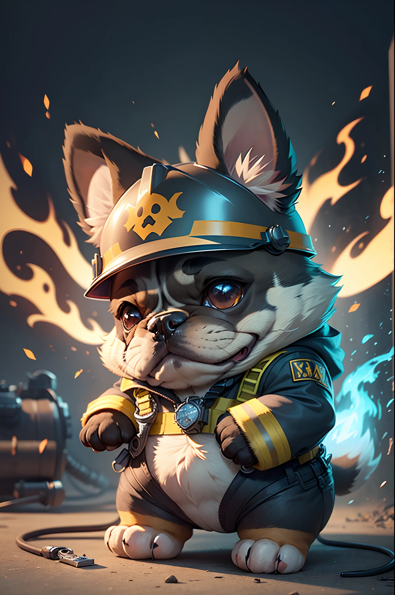 C4tt4stic, Cartoon French bulldog dog wearing American firefighter uniform and helmet（Body hair is black、The specifics of the appearance of the French Bulldog、drooping ears）、In the background, A fire truck is parked next to it..