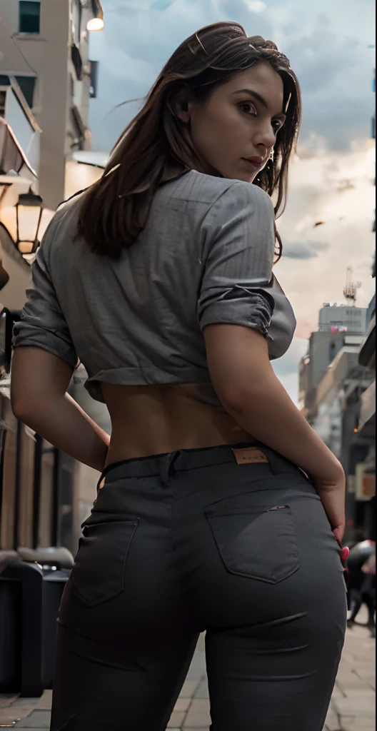 8k, masterpiece, photoralistic, a woman wearing tight shirt and grey pants, skinny fit body, wearing tight simple wide open v chest clothes, open out cleavage, large breast, slim abs, s-body figure, standing on brick street between high building, cityscape, ((in the night), (backlite)), looking from below, cinematic lighting, dramatic, artistic, unique