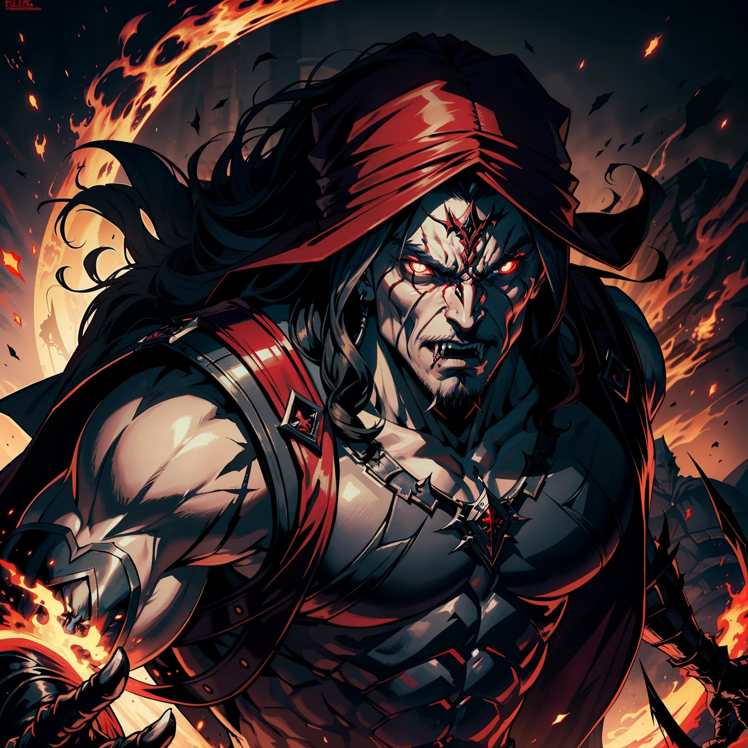 Castlevania Hyper Realistic Shadow Lord Super Detailed Dynamic Plan Master Piece of Lord Dracula Medieval Arab Warrior with Red Turban Scary Face Hokuto No Ken Structure Muscle Face Kenshiro Leading troops Army of demons to fight Sharp details Cinematic Scenes Epic Movie Movie Legendary Hyper Realistic Showing Full Scenes Full Bodies Full Posed