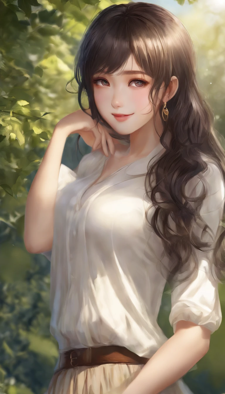 (Masterpiece), (Best quality), (Super detail), (Disheveled hair), (illustration), (1 girl), (interview), (Brief Background), Beautiful detailed eyes, Delicate beautiful face, Floating, (High saturation), (Shine), focus onface, Black hair, bangs, Hefty Smile, Floating hair. Girl, A girl in love, pixiv illustration, Top quality, Super detailed, Smile, clever, Beautiful face, 4K, Nature, sunlight filtering through the trees,