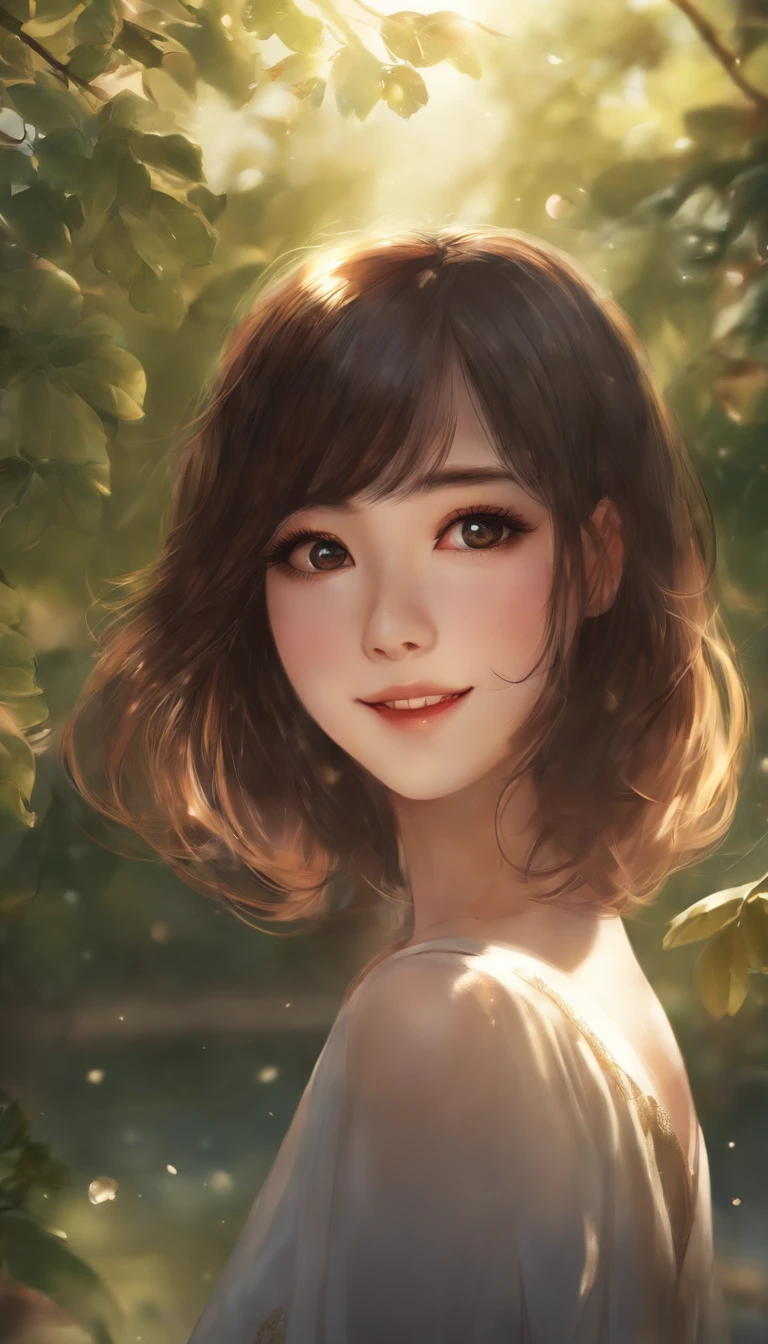 (Masterpiece), (Best quality), (Super detail), (Disheveled hair), (illustration), (1 girl), (interview), (Brief Background), Beautiful detailed eyes, Delicate beautiful face, Floating, (High saturation), (Shine), focus onface, Black hair, bangs, Hefty Smile, Floating hair. Girl, A girl in love, pixiv illustration, Top quality, Super detailed, Smile, clever, Beautiful face, 4K, Nature, sunlight filtering through the trees,