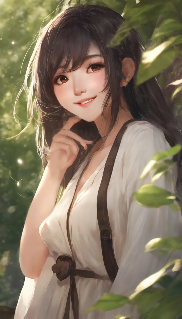 (Masterpiece), (Best quality), (Super detail), (Disheveled hair), (illustration), (1 girl), (interview), (Brief Background), Beautiful detailed eyes, Delicate beautiful face, Floating, (High saturation), (Shine), focus onface, Black hair, bangs, Hefty Smile, Floating hair. Girl, A teenage girl in love, pixiv illustration, Top quality, Super detailed, Smile, clever, Beautiful face, 4K, Nature, sunlight filtering through the trees,