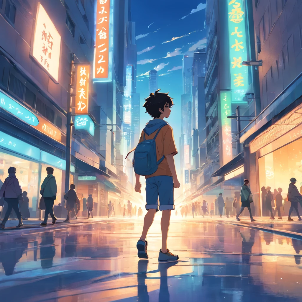 A boy walking in a city with lots and light and look futuristic, flute, wind