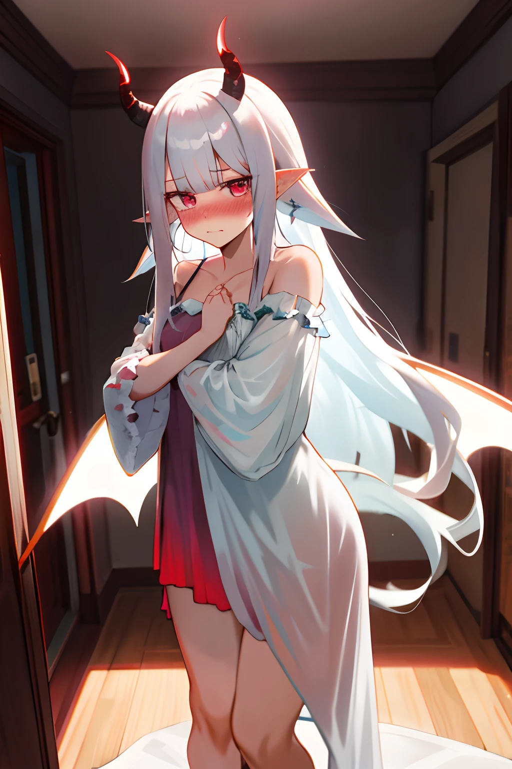 One girl with long hair, white hair, looking at viewer, embarrassed, blushing, indoor , oversized naked night gown, thigh, pointy ears, demon wings, demon king, demon horn, standing, sexy pose