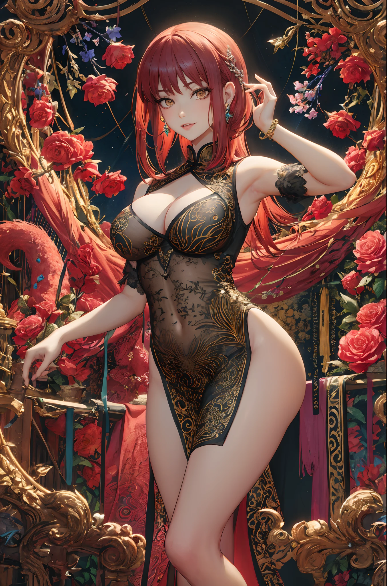 masterpiece, top quality, best quality, official art, beautiful and aesthetic:1.2), (1girl:1.3), extremely detailed,(fractal art:1.1),(colorful:1.1)(flowers:1.3),highest detailed,(zentangle:1.2), (dynamic pose), (abstract background:1.3), (chinese dress:1.2), (shiny skin), (many colors:1.4), ,(earrings:1.4), Makima, red hair, (full body shot), large breast, cleavage, navel, thigh