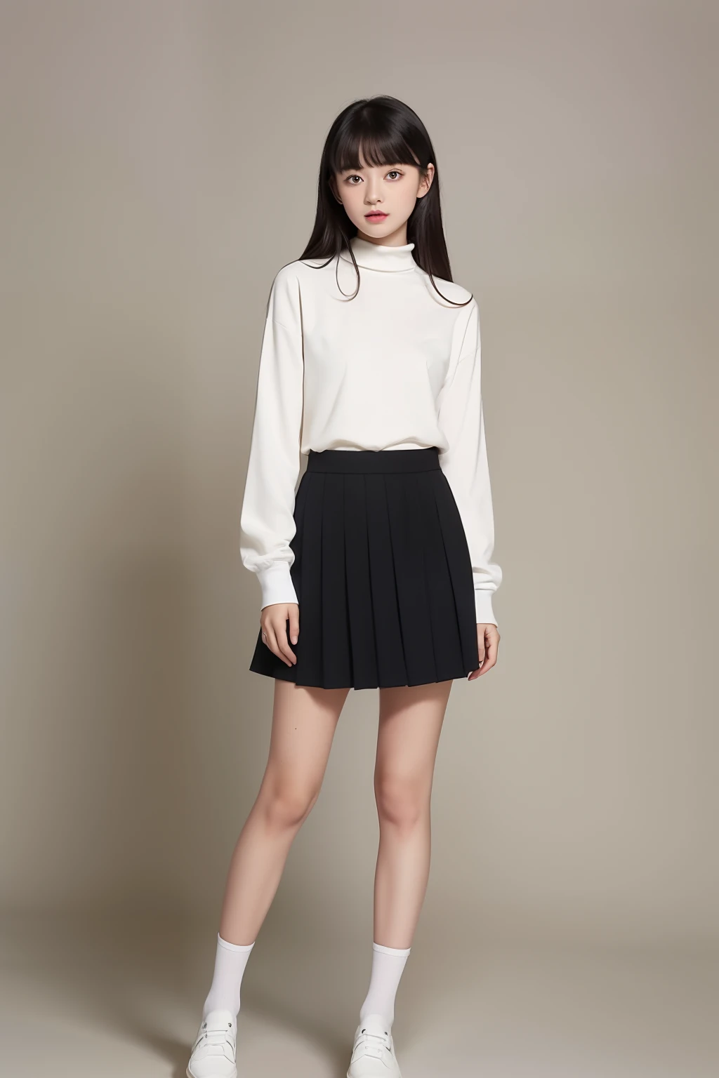 top-quality、8K、32K、masterpiece、nffsw:1.2)、1girl in、One girl、A dark-haired、Heavy bangs、long sleeved shirt、long hair to the chest、White high neck shirt &Black mini pleated skirt、Cute clothes、White wall background、very slender legs、Cute loafers