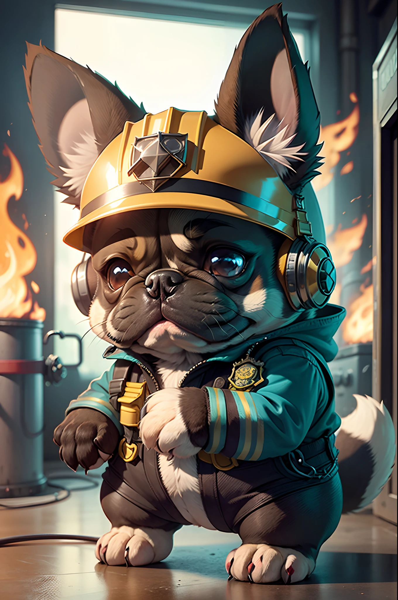 C4tt4stic, Cartoon French bulldog dog in red uniform and helmet of American firefighter（Body hair is black、The specifics of the appearance of the French Bulldog）