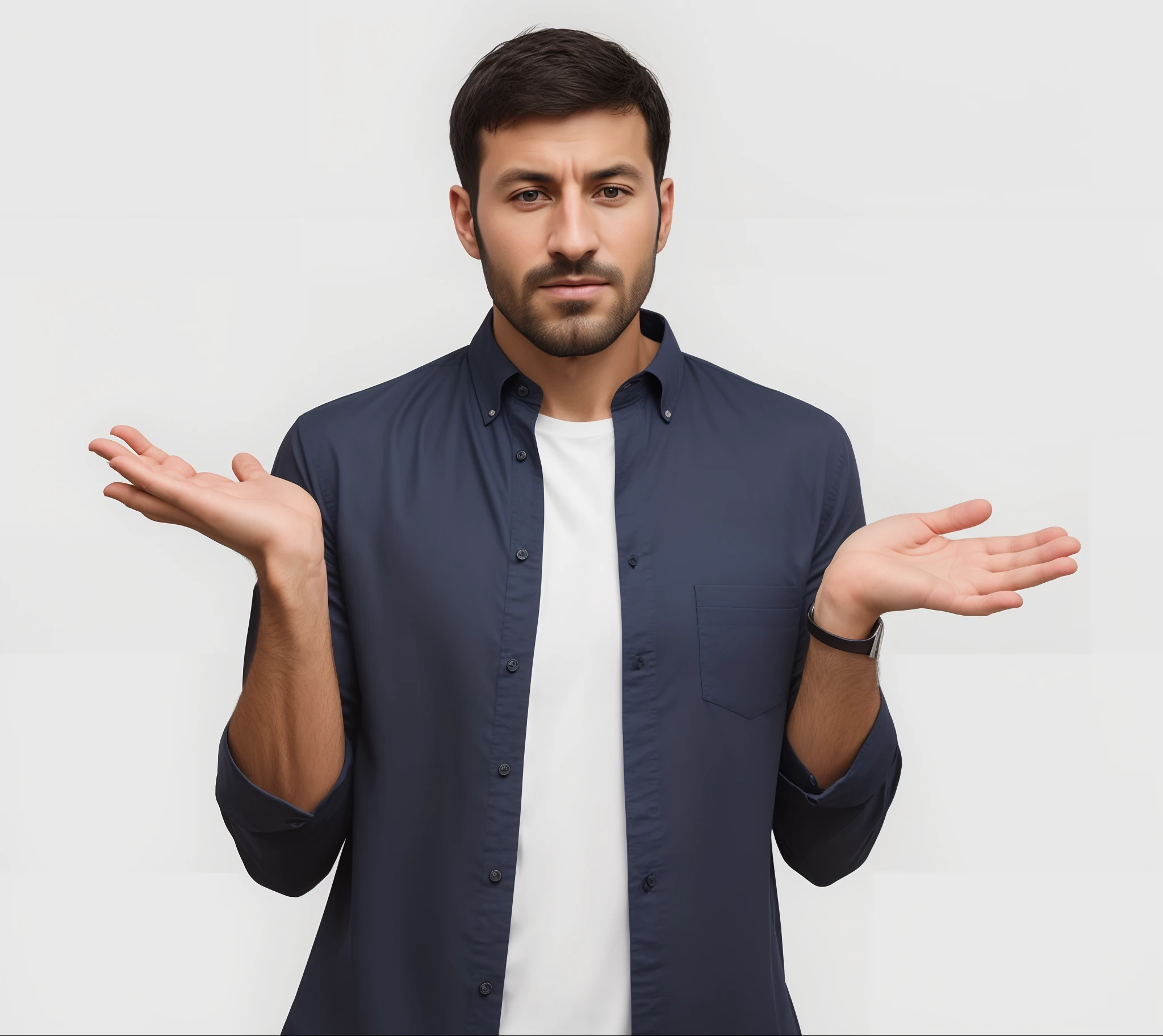 arafed man in a blue shirt is making a face with his hands, confused facial expression, confused expression, looking confused, confused, man esthete with disgust face, annoyed facial expression, annoyed expression, h3h3, shocked expression, shrugging arms, serious and stern expression, surprised expression, frustrated expression, sad exasperated expression, highly detailed, elegant, pinterest, artstation, smooth, sharp focus, 8k, full shot, 105mm portrait lens, film grain, Fujifilm XT3 photorealistic painting art by midjourney and greg rutkowski