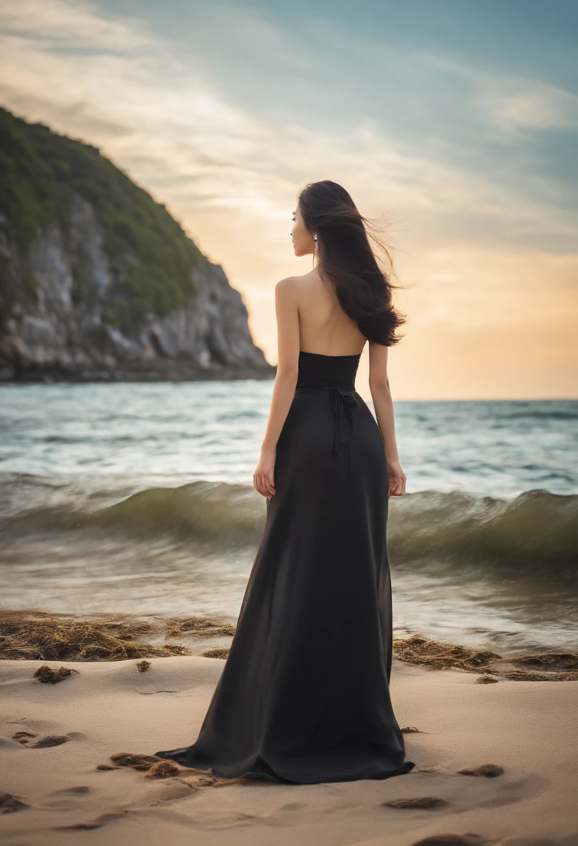 Korean woman with beautiful shape of rounded waist and perfect back on the beach is looking at camera、Rear view、Black hair straight long hair
