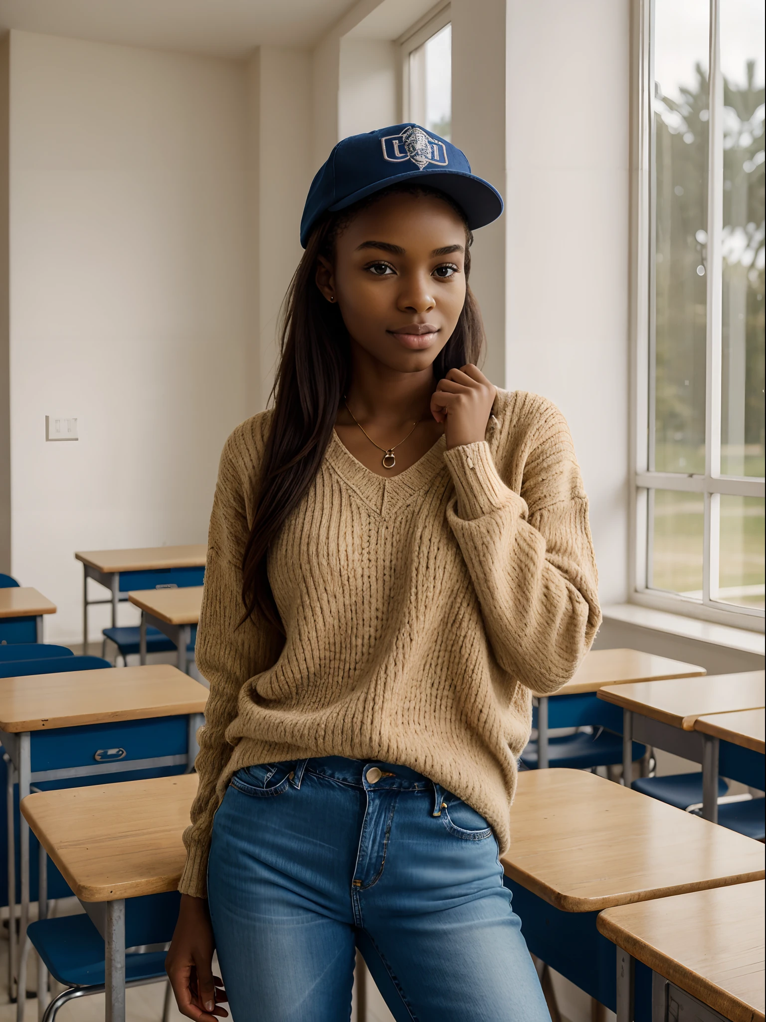 corps entier , beau visage, Cheveux longs et lisse, Casquette,Warm light and clear complexion, afro-american, Detailed, ultra quality, poitrine claire, mignonne, adorable, Jeans et pull assis dans une salle de classe universitaire