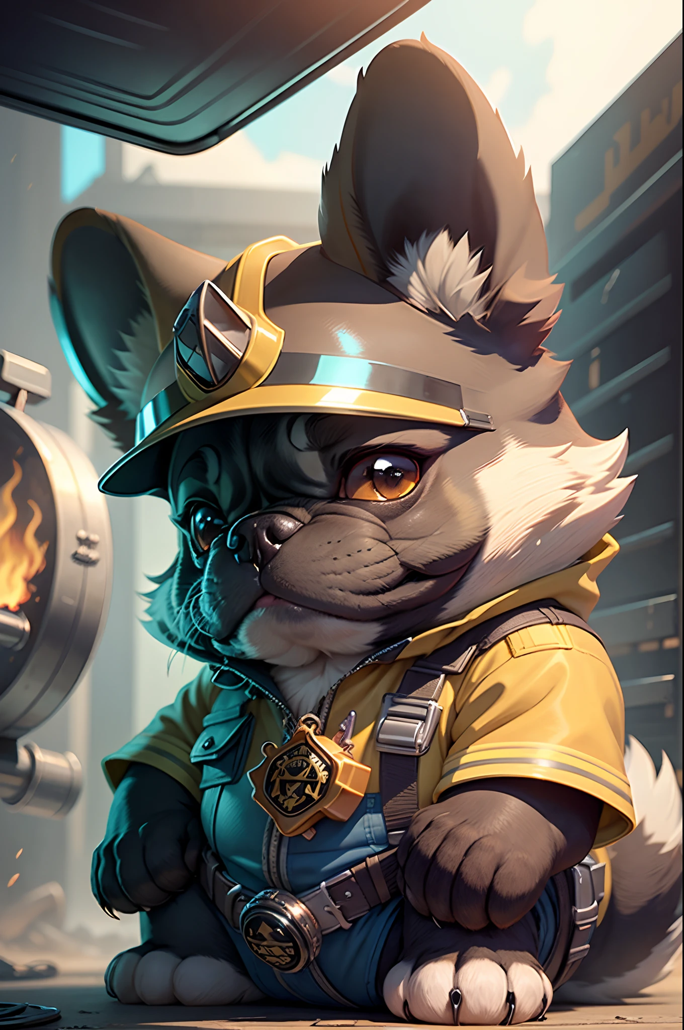 C4tt4stic, Cartoon French bulldog dog wearing American firefighter uniform and helmet(Body hair is black、The specifics of the appearance of the French Bulldog、drooping ears)、In the background, A fire truck is parked next to it..