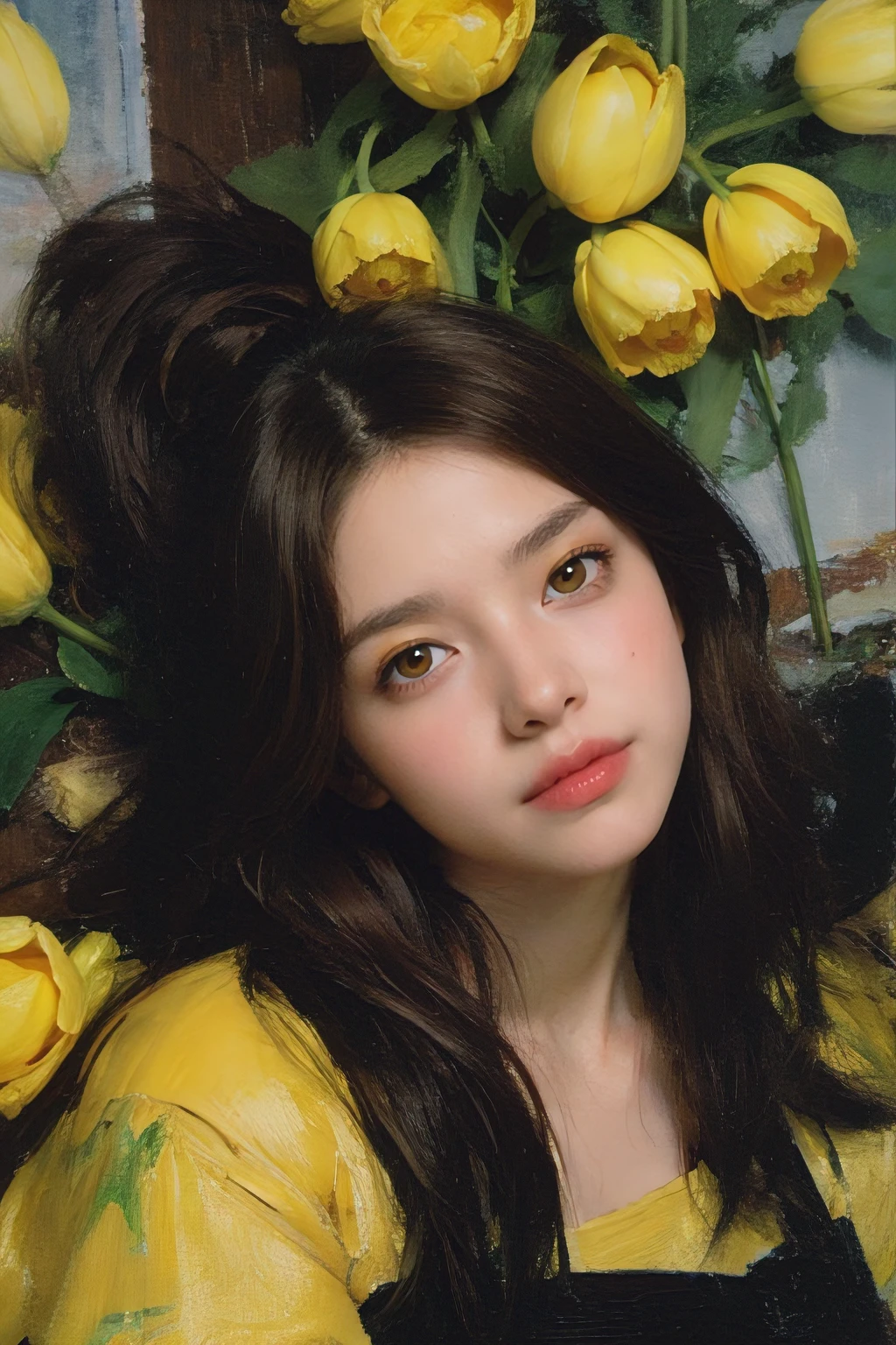 (oil painting:1.5),
\\
a woman with (long brown hair), ((light brown eyes)) and yellow tulip flowers in her hair is laying down in a field of yellow tulip flowers, (amy sol:0.248), (stanley artgerm lau:0.106), (a detailed painting:0.353), (gothic art:0.106)