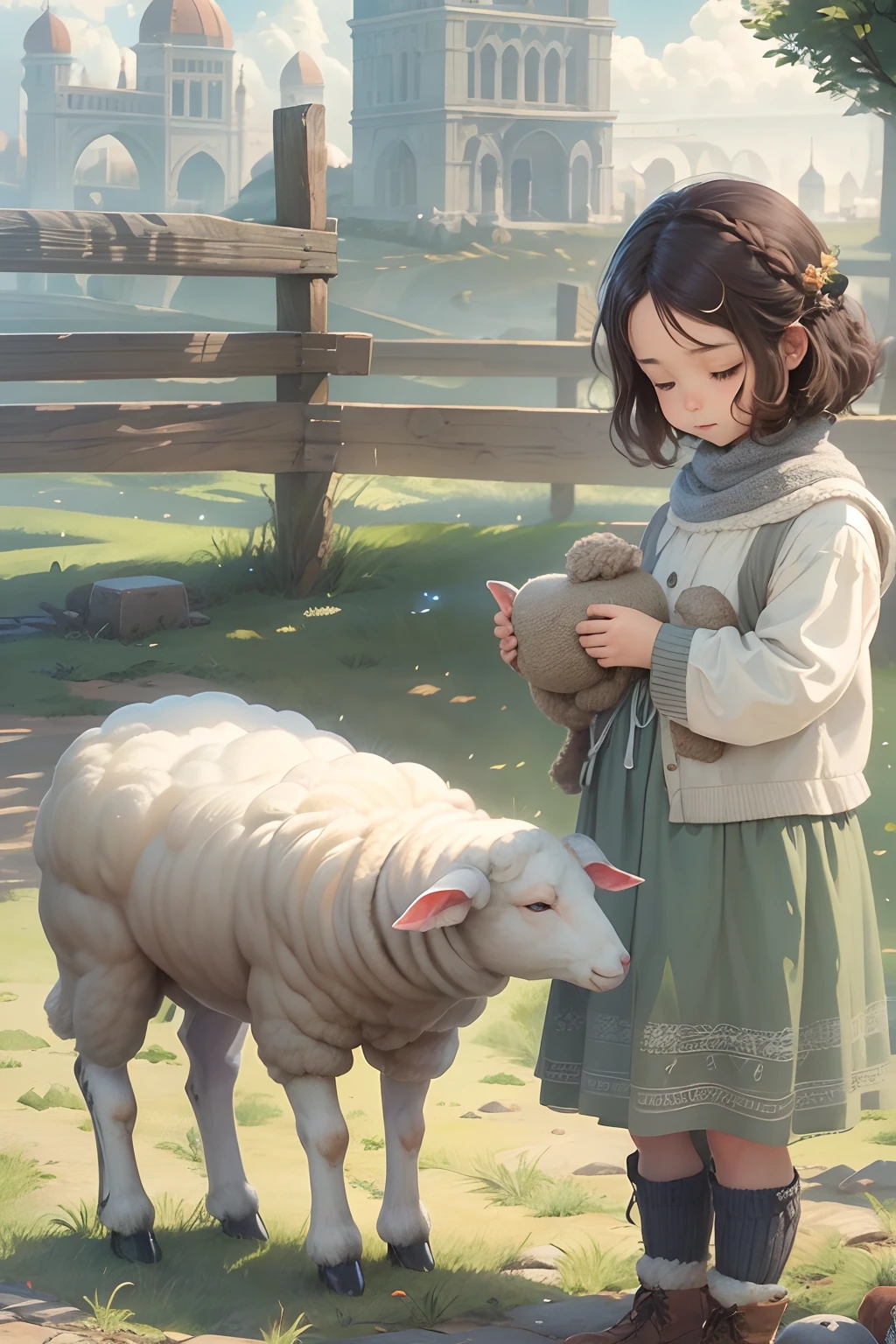 A picture，The protagonist in the picture is petting a sheep，The wool on the sheep is as soft as wool knitted fabric