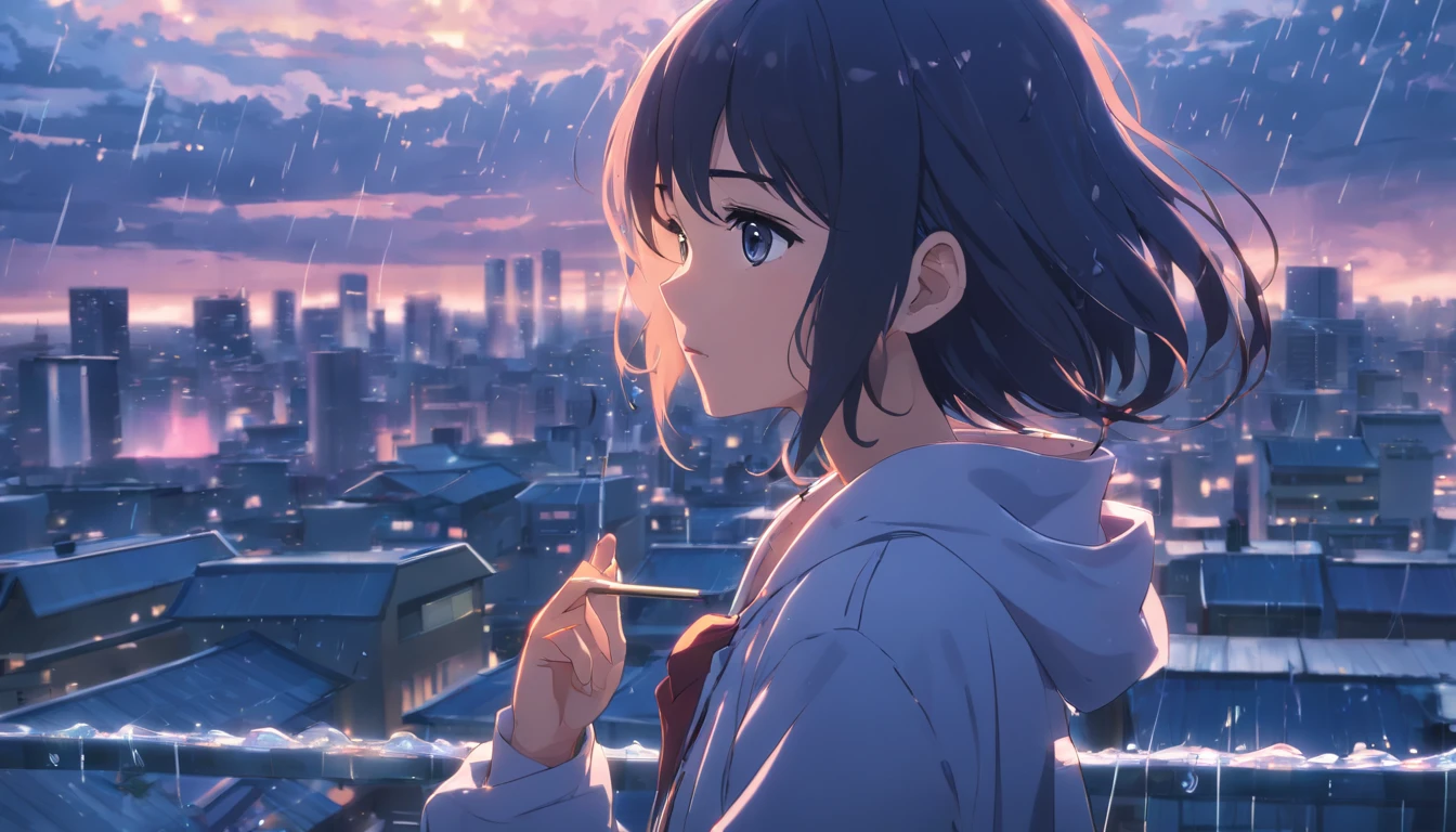Anime girl smoking in rain, 4K anime wallpaper, Highest quality after rain,There are no girls, anime girl profile, 4k manga wallpapers, Anime wallpaper 4 k, Anime wallpaper 4K, Guviz-style artwork, Badass anime 8 K, Anime art wallpaper 4 K, Anime art wallpaper 4k, rainy evening, Anime art wallpaper 8 K, Very detailed city roof background, Rooftop, Overlooking the city, Detailed face, detailed complex busy background, Messy, Gorgeous, Milky white, Highly detailed skin, Realistic skin details, Visible pores, Clear focus, volume fog, 8K UHD, Digital SLR, High quality, filmgrain, Fair skin, Photo realism, DL, futuristic dystopian megalopolis, Translucent