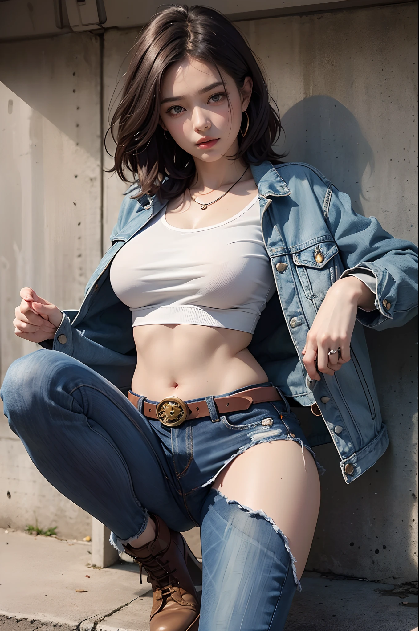 Hyper detailed image, UHD, 16k, professional photo, (Realistic photo of Android-18 From Dragon Ball Z) girl Goddess of beauty, very straight short blonde hair, serious face expression, ((she wears a blue denim jacket and a cropped white shirt, short white underground showing flesh of the breast)), erotic, open denim jacket showing her big, beautiful and perfect breasts, (breasts, long pointed breasts sticking out of the jacket), she wears a belt and a (raised blue denim skirt showing micro panties stuck in the pussy, bubian hair showing), brown boots, perfect hands and fingers,
android 18, sexy saiyan girl, Official Art, Android-18 Sexy female, official character art, sexy female protagonist, lean and fit curved body :8, Akiri Toriyama, Director: Akira Toriyama, Bulma from Dragon Ball, Best Character Design Anime, Akira Toriyama style, beautiful single character, half naked