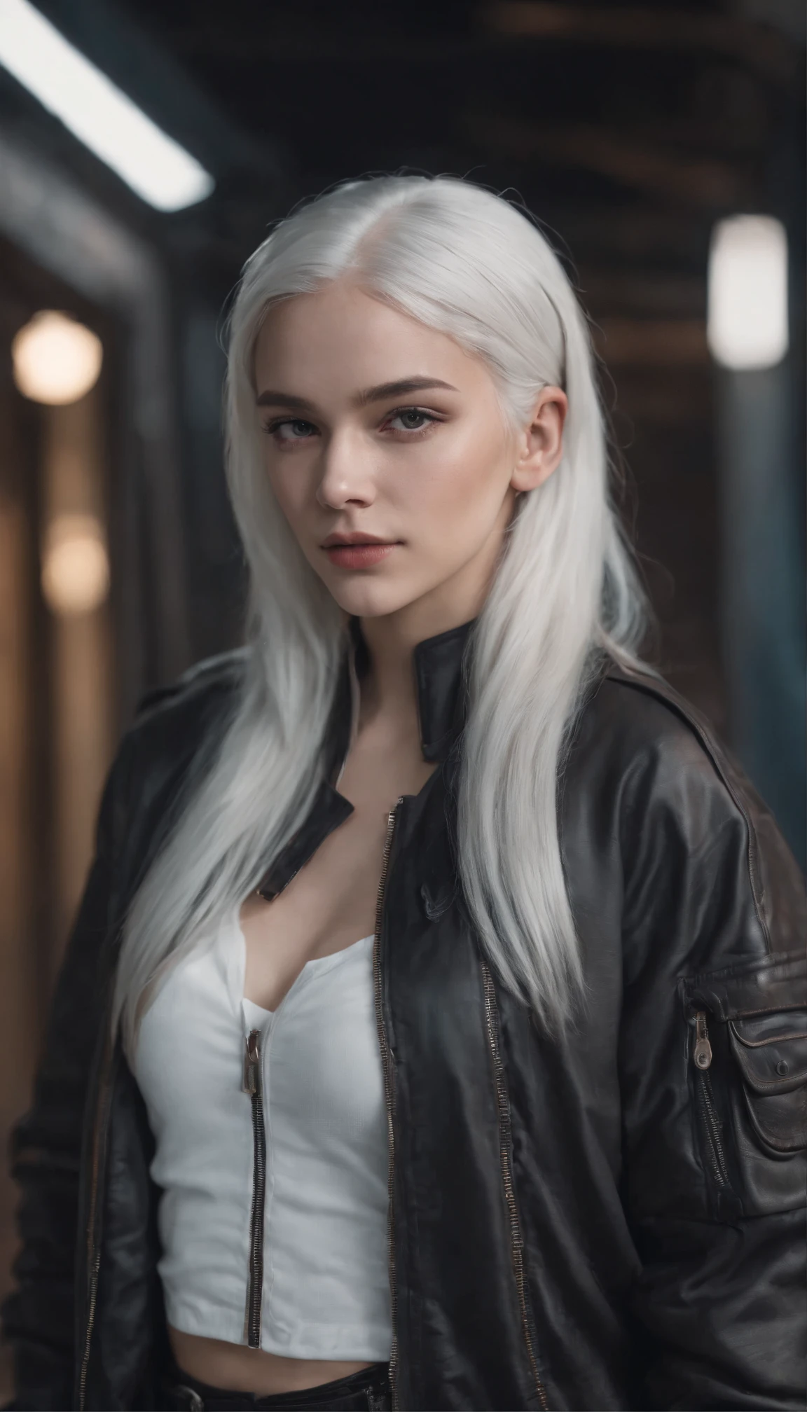 1girls, White hair, Lange Haare, Techwear-Meisterwerk, best qulaity, realistisch, Realismus, dunkelviolette Jacke, portrait, Detaillierte Augen, Tragen eines Headsets, Platin Haar, 21 year old girl, Modische Pose, half body, Weitwinkel-Shooting, on the street, Cyberpunk