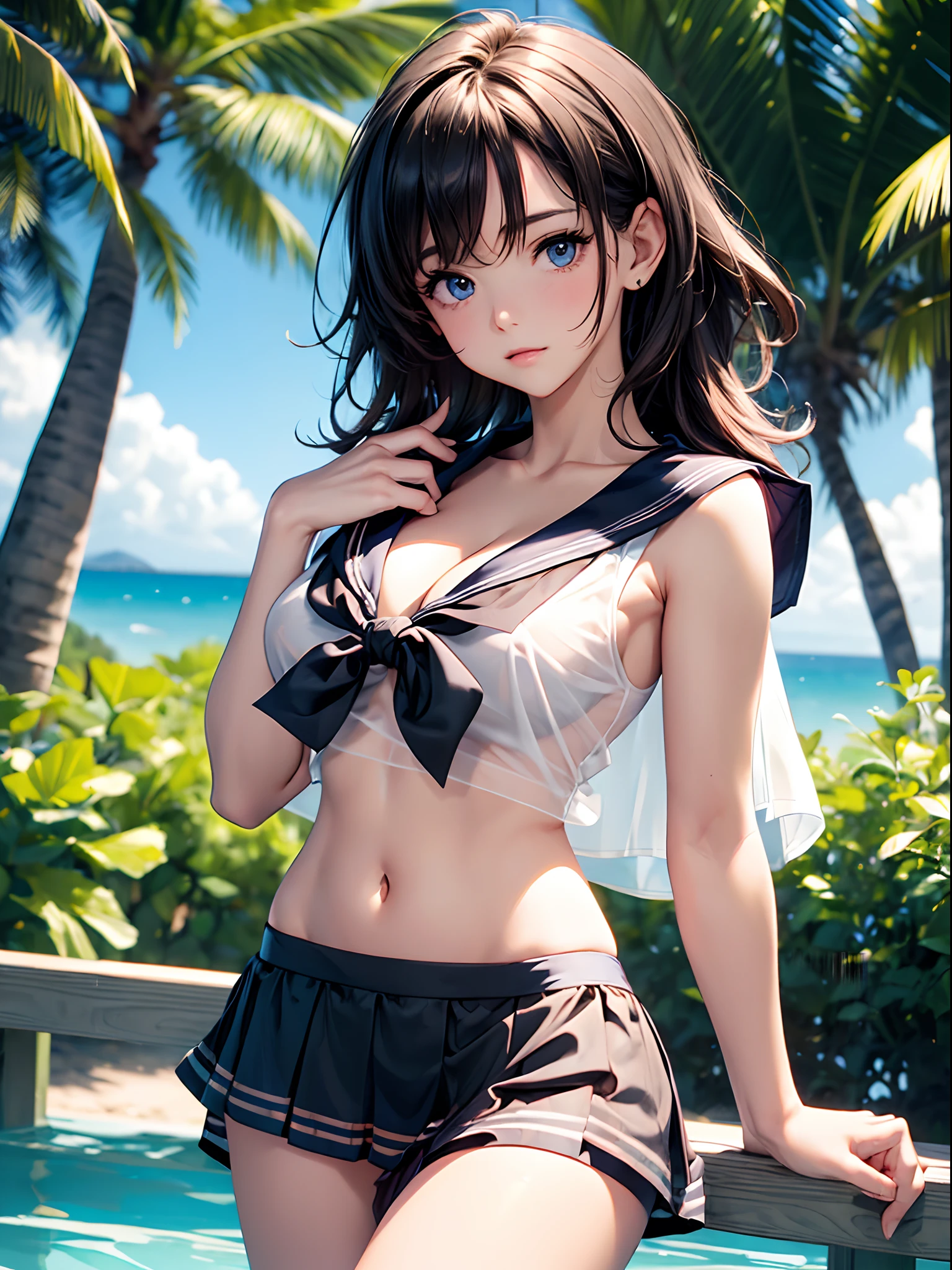 (((toppless))), (((sheer sailor shirt , Sleeveless ))), (((Show off cleavage))), (((Large breasts))), (((Open front))), (((Sheer Micro Mini Skirt))), Detailed beautiful eyes, (((Sunny))), extremely detailed CG unified 8k wallpaper, very fine 8KCG wallpaper, (masterpiece, Best Quality), High resolution, Ultra-detailed, ultra-sharp, 1 girl, Naked, (((Sheer Micro Mini Skirt))), perfecteyes eyes