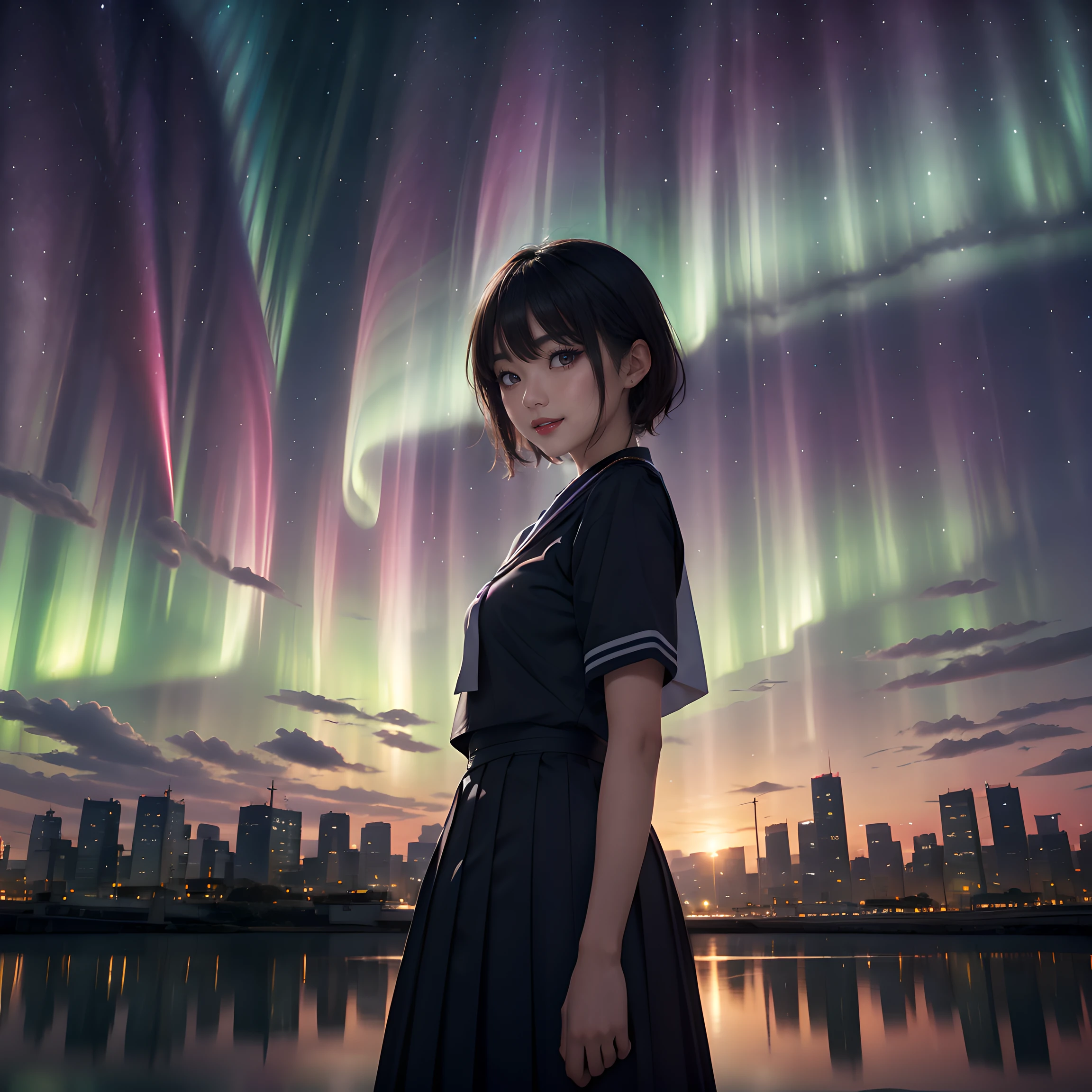 Composition: "Compose an image set in the heart of Tokyo city, where the vibrant and colorful Aurora Borealis lights up the urban skyline. The composition should capture the fusion of city lights and the ethereal beauty of the Aurora."
Person: "In the foreground, feature a young Japanese high school girl who is also a K-POP idol. She stands in awe, gazing up at the mesmerizing Aurora with a sense of wonder and admiration. She has short hair, no glasses, and is dressed in the iconic Japanese sailor school uniform."
Background: "Set the scene in Tokyo city center, with its skyscrapers and bustling streets providing a modern backdrop to the celestial phenomenon above. The night sky is filled with the vivid hues of the Aurora Borealis, creating a unique and enchanting atmosphere that blends the urban and natural worlds."