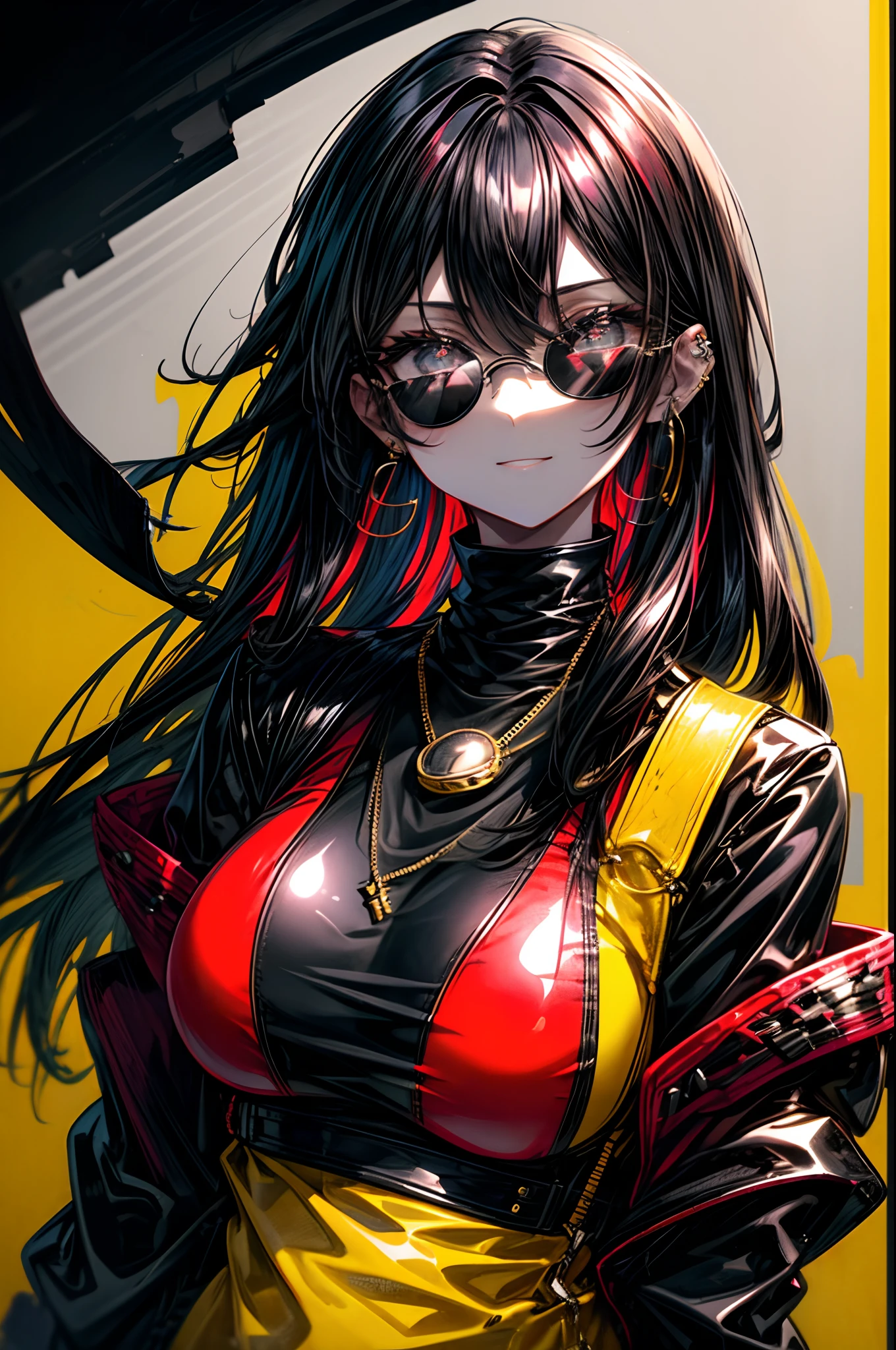One woman, long black hair, cropped bangs, piercing gaze, slitted eyes, smile, round framed sunglasses with red lenses, earrings, black high neck sweater, leather jacket, gold necklace, yellow background, high quality, ink painting style, upper body,