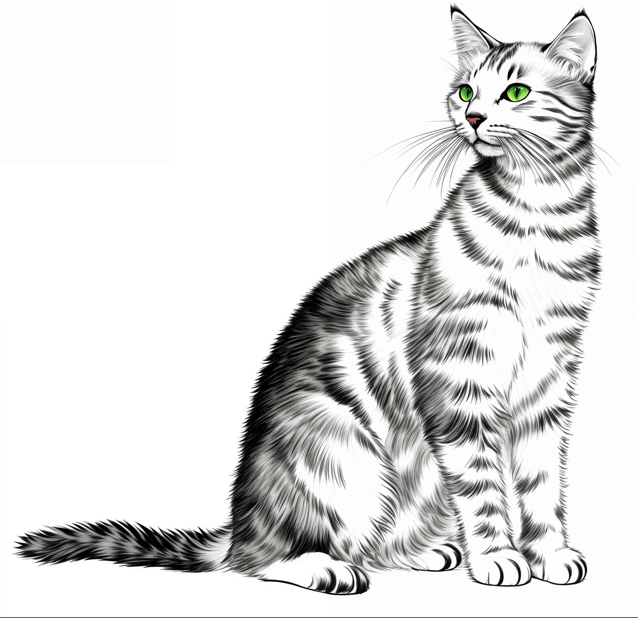 A drawing of a cat lying on a white surface, illustration of a cat, From Charles Kinner, Hand drawn illustrations, Cat's eye green to yellow gradient，The fur is soft，Very short；Its skin protects against cold、Protected from rain，and prevent trauma，As if it were a short, thick dense coat。Coat color has、Nero、Cats with bright black stripes embedded in their silvery-white body hair