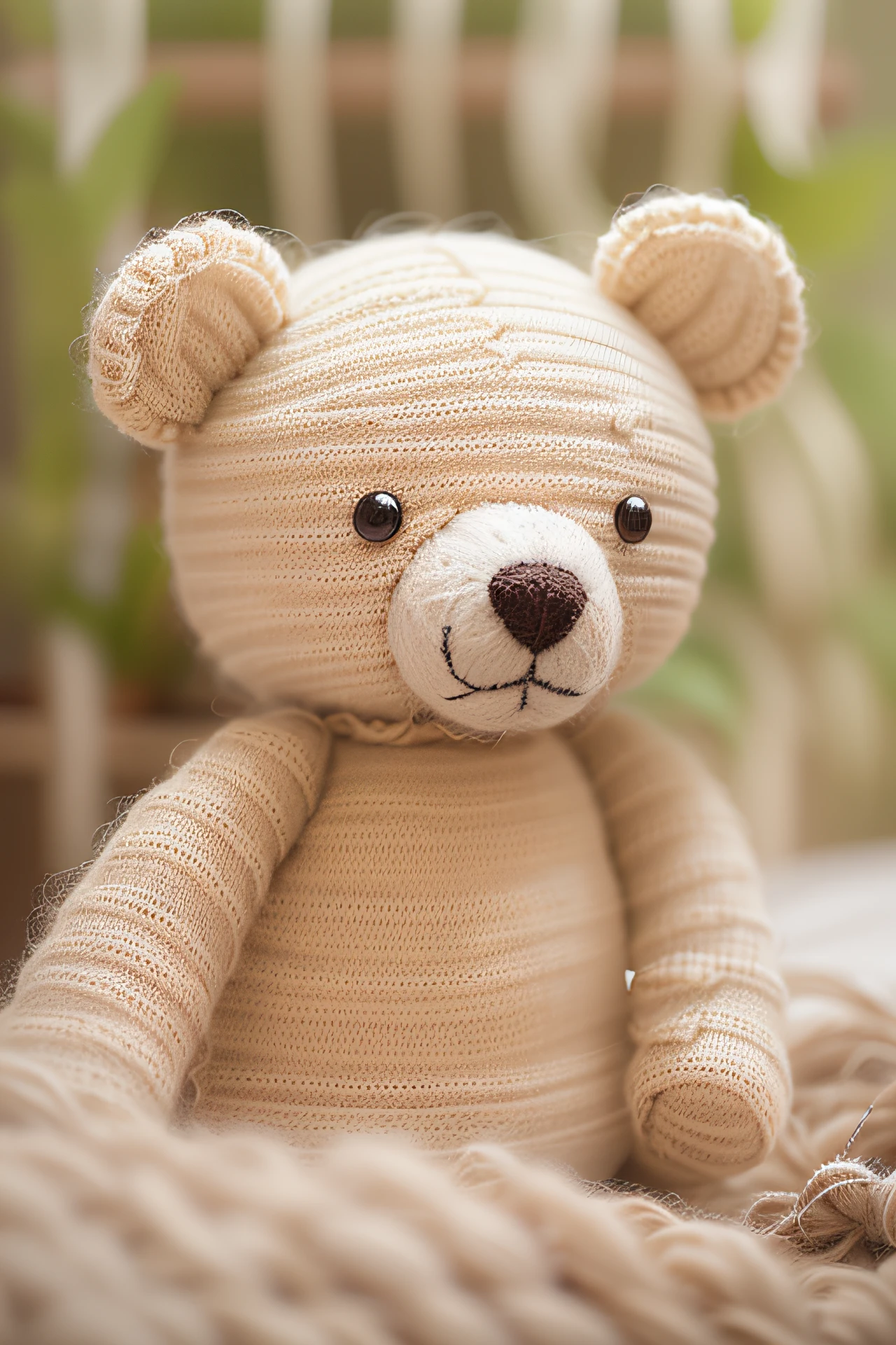 A picture featuring a teddy bear made of wool-knitted fabric,This fabric gives teddy bears a warm and comfortable texture