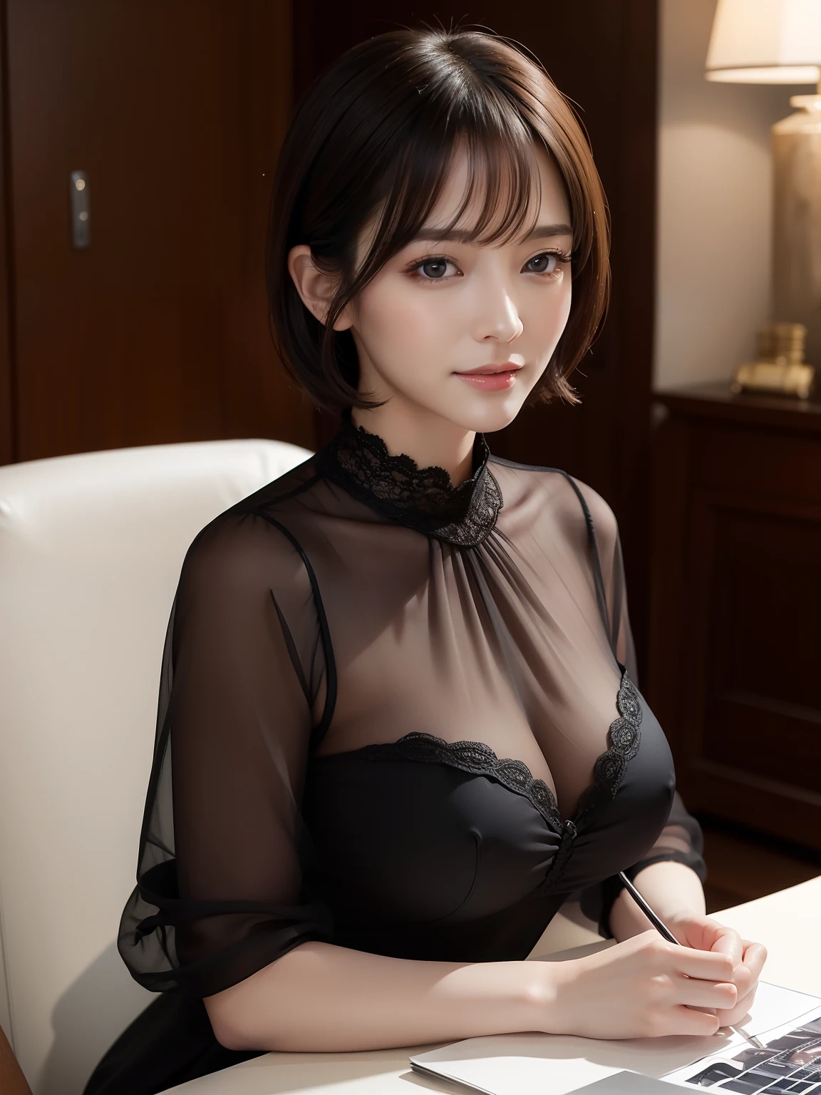 ((masterpiece))、((top-quality))、a picture、Realisticity、high-level image quality、Advanced depth of field、ultra-detailliert、Realistic lighting、Midnight Office、Dark meeting room、married woman、age 40s、Delicate facial features、short-hair、Sweating、Realistic backgrounds and accessories、large full breasts、Sexy smile、Serious gaze、Embarrassed look、Black sheer blouse、The upper part of the body、to close range、