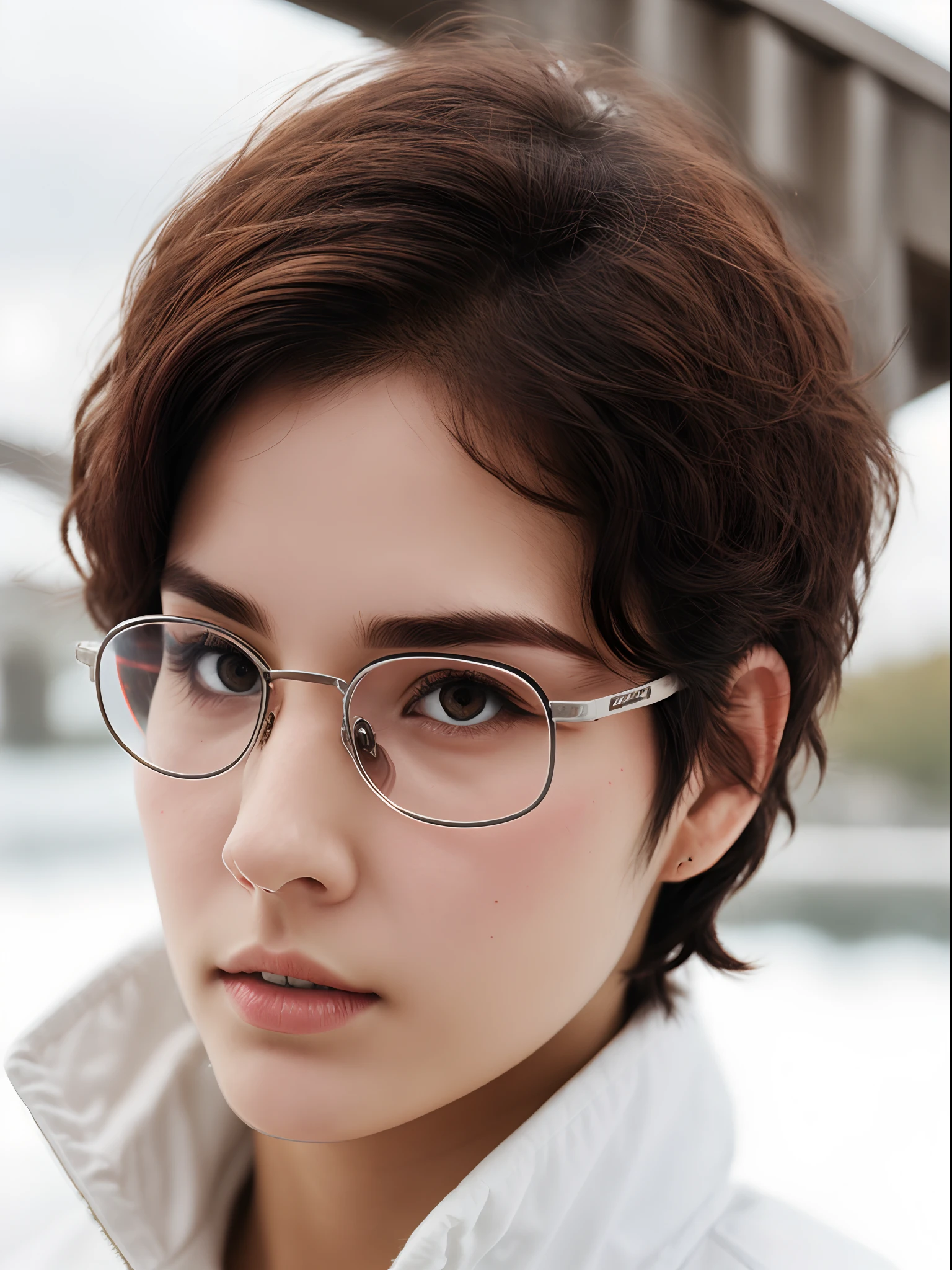 with short white hair，orange eyes，with brown skin，Juvenile body type，There is a white scar on the bridge of the nose，Wear windproof glasses on your head