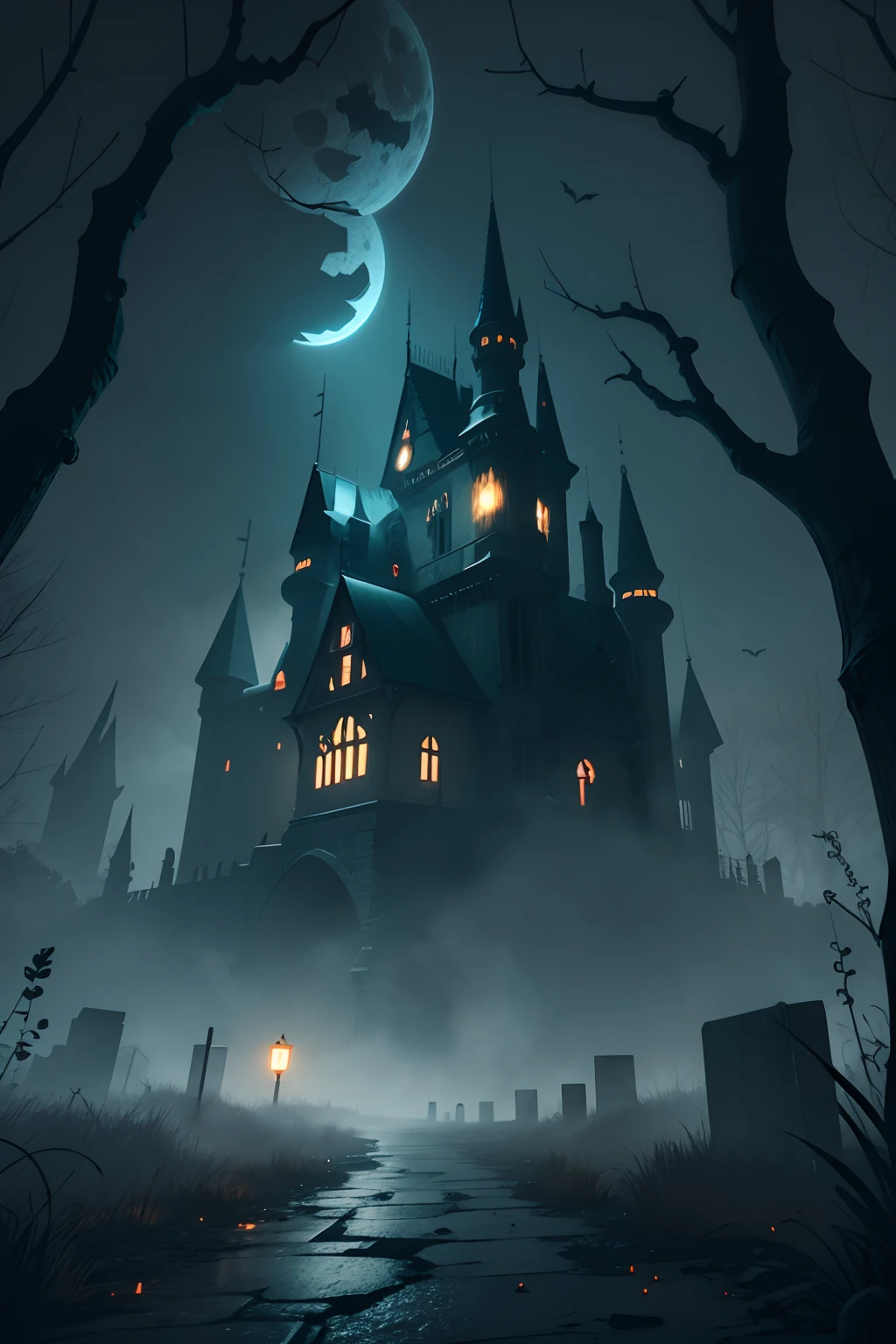 Halloween atmosphere Wide angle Ruins Dark night aesthetic Gothic style Video game 4K mystery Thriller horror Game location Scene Castle