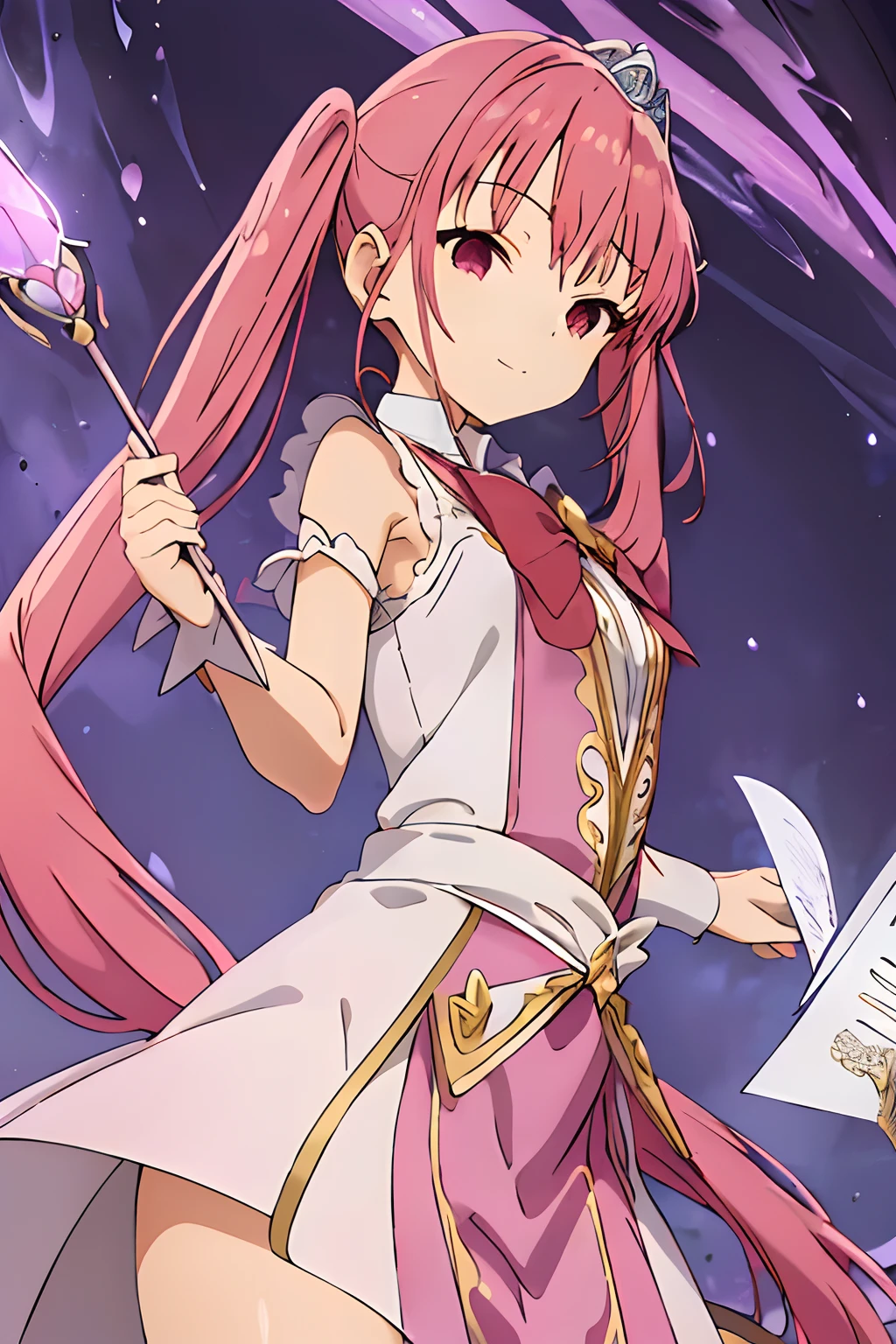 (extremely detailed CG unity 8k wallpaper),(masterpiece),(best quality),(ultra-detailed),(best illustration),(best shadow),(absurdres), Remi, 1girl, solo, closed eyes, open mouth, smile, tiara, holding a wand, princess, mage , portrait, pink hair, red hair, bangs, bow, twintails, red bow, shirt, collared shirt, long hair, cowboy shot, anime coloring, Lavender gown with silver embroidery, Silver sash at the waist, Layers of sheer, cascading fabric, Silver cuffs with tiny pink gems, Silver-embellished ballet flats, Silver tiara with pink gemstones