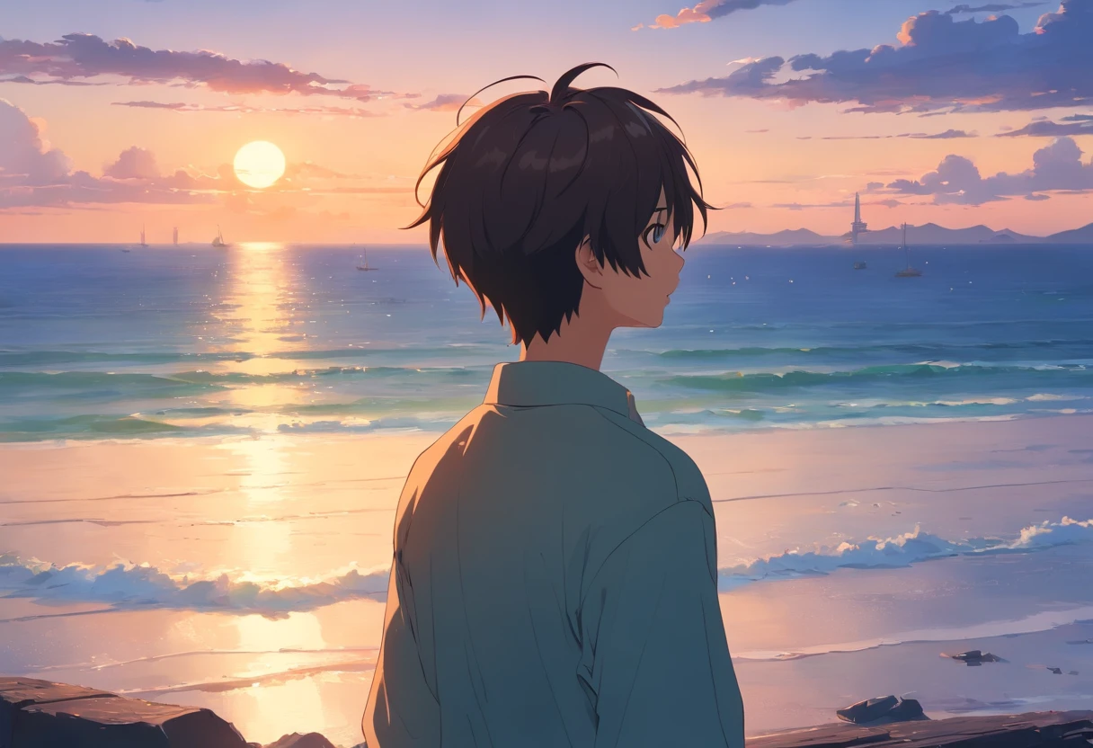 Painting of a man looking at the sunset, アニメ, Man watching the sunset, back-view, Beautiful -yeld man the horizon, Watch the sunset, Short hair, White long-sleeved shirt, One person, style of makoto shinkai, guweiz and makoto shinkai, in style of makoto shinkai