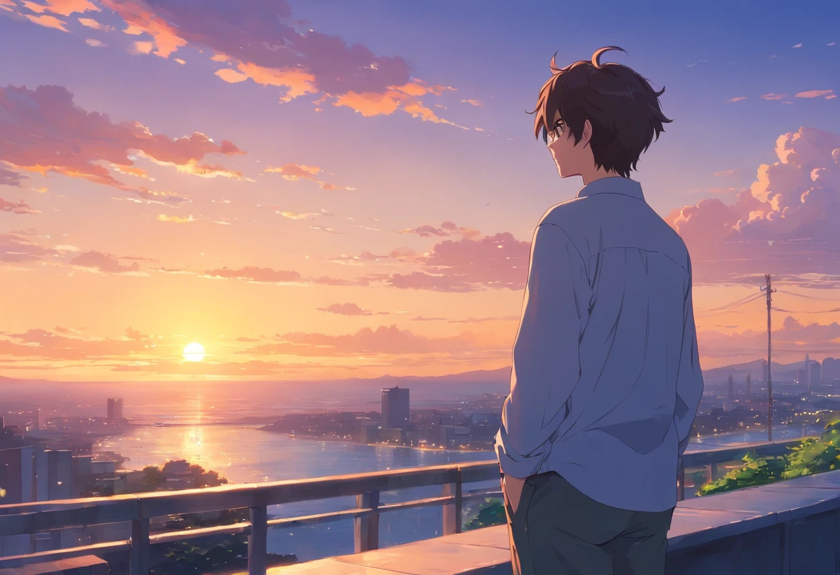 Painting of a man looking at the sunset, アニメ, Man watching the sunset, back-view, Beautiful 17-year-old man on the horizon, Watch the sunset, Short hair, White long-sleeved shirt, One person, style of makoto shinkai, guweiz and makoto shinkai, in style of makoto shinkai