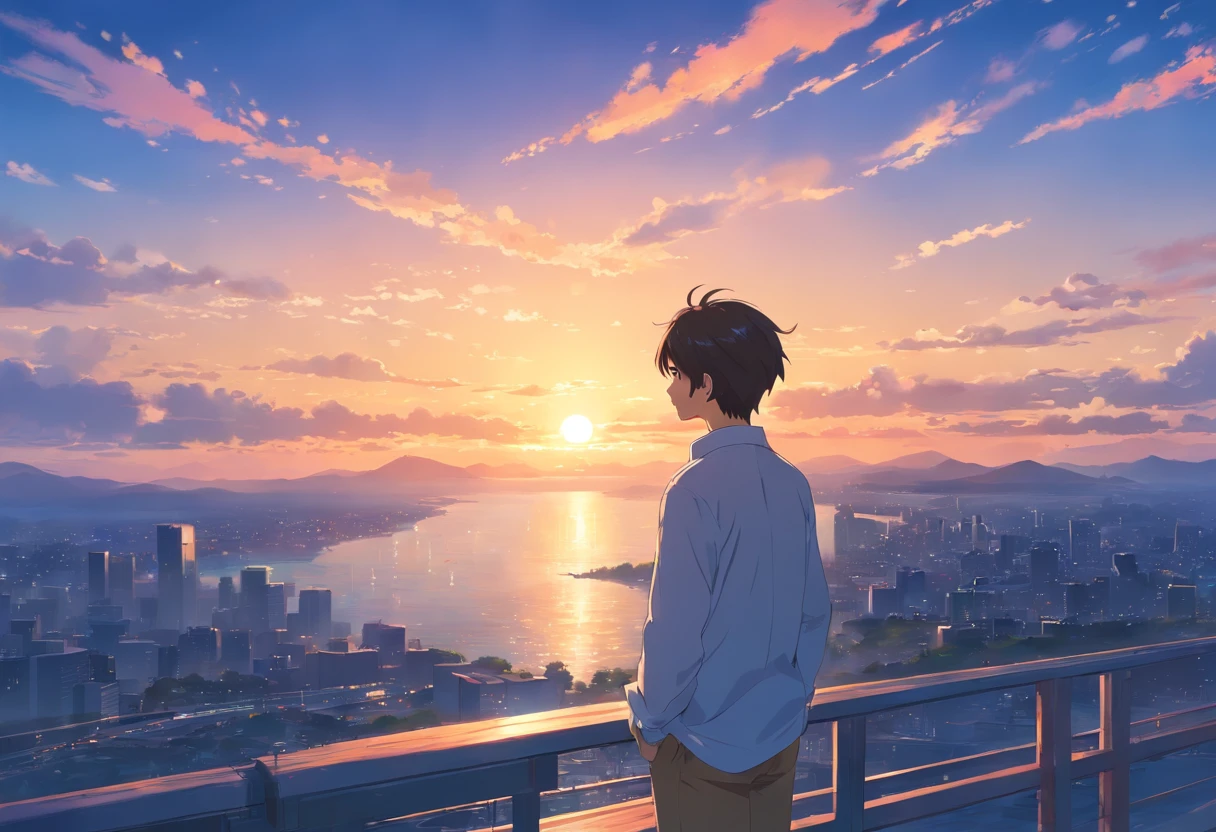 Painting of a man looking at the sunset, アニメ, Man watching the sunset, back-view, Beautiful -yeld man the horizon, Watch the sunset, Short hair, White long-sleeved shirt, One person, style of makoto shinkai, guweiz and makoto shinkai, in style of makoto shinkai