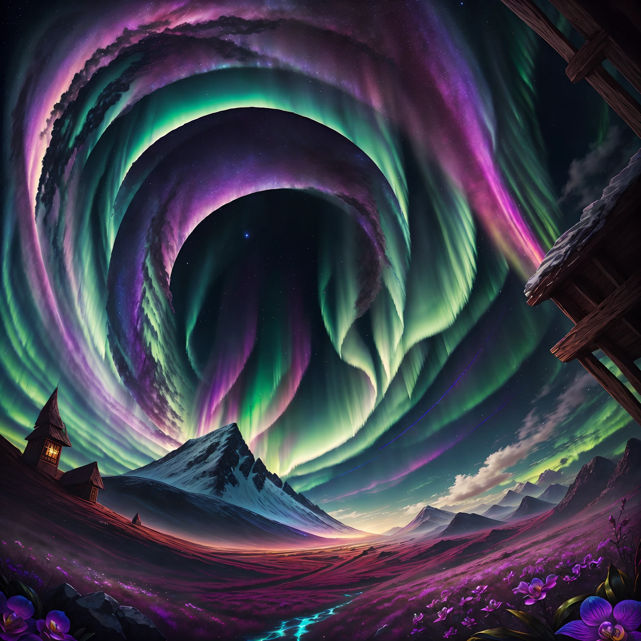 "Spectrolite Witness" observes the majestic Northern Lights, crafting an astonishing and mind-bending display of colors and patterns that seem to dance across the night sky, providing a cerebral and psychedelic experience for the lucky beholders who may never forget this awe-inspiring phenomenon. orchid, flowervirus, fantasy00d.