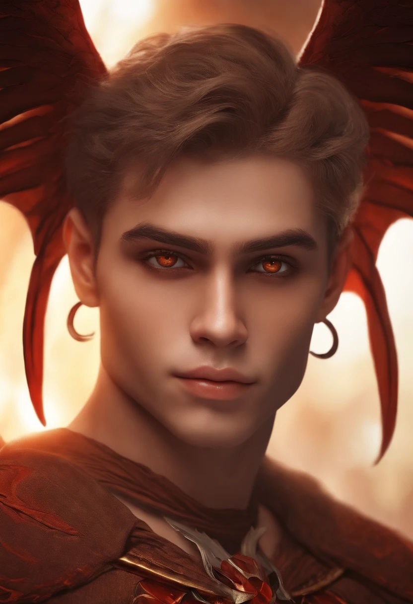 a boy original face with realistic background coffee color with devil eyes with original wings