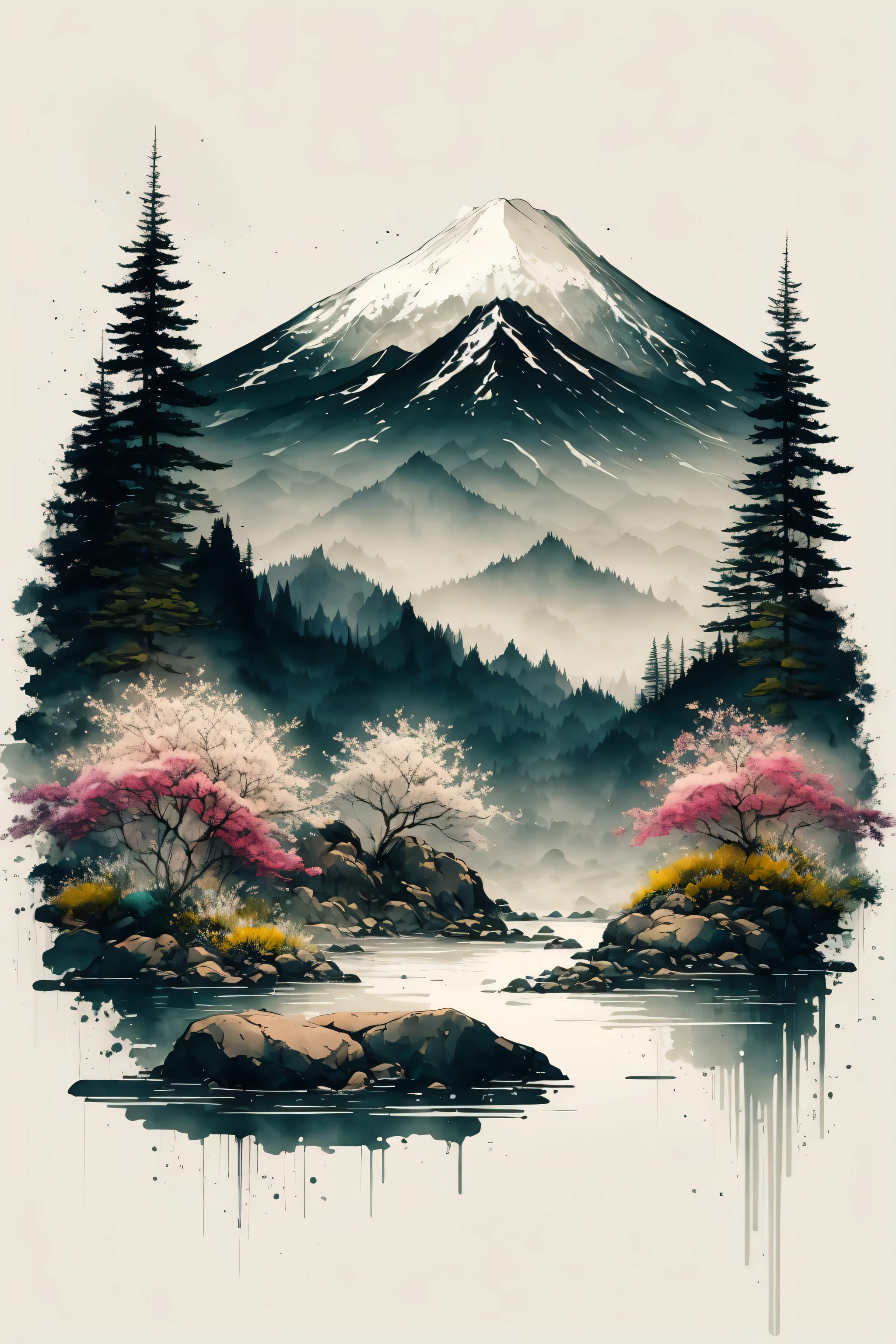 white background, scenery, ink, mountains, water, trees