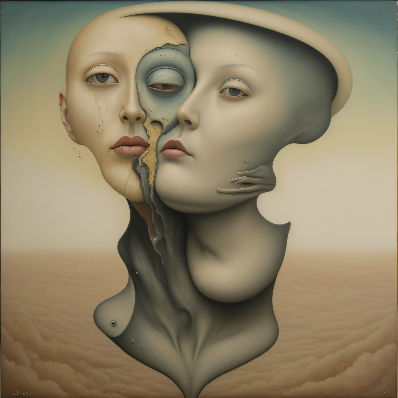 painting of a couple of faces with a broken face, surreal oil on canvas, surrealist oil painting, surrealist painting, surrealism oil on canvas, surreal oil painting, a surrealist painting, emotional surrealist art, surreal painting, adrian borda, benjamin vnuk, surrealistic painting, surrealist artwork, by Kay Sage, surrealist art