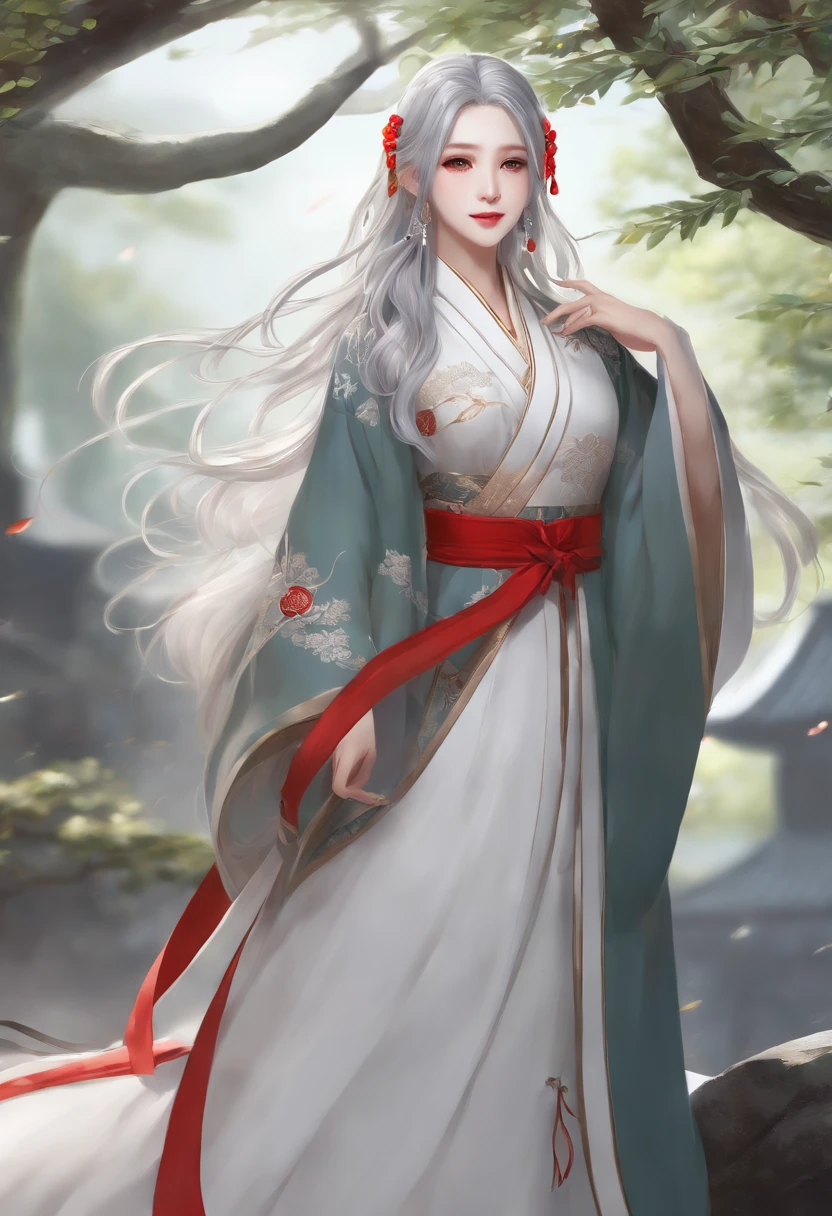 masterpiece, best quality, 1girl, solo, long hair, looking at viewer, smile, bangs, hair ornament, red eyes, long sleeves, dress, standing, collarbone, white hair, grey hair, alternate costume, wide sleeves, tree, chinese clothes, hairpin, hanfu, ningguang (genshin impact), Ningguang,