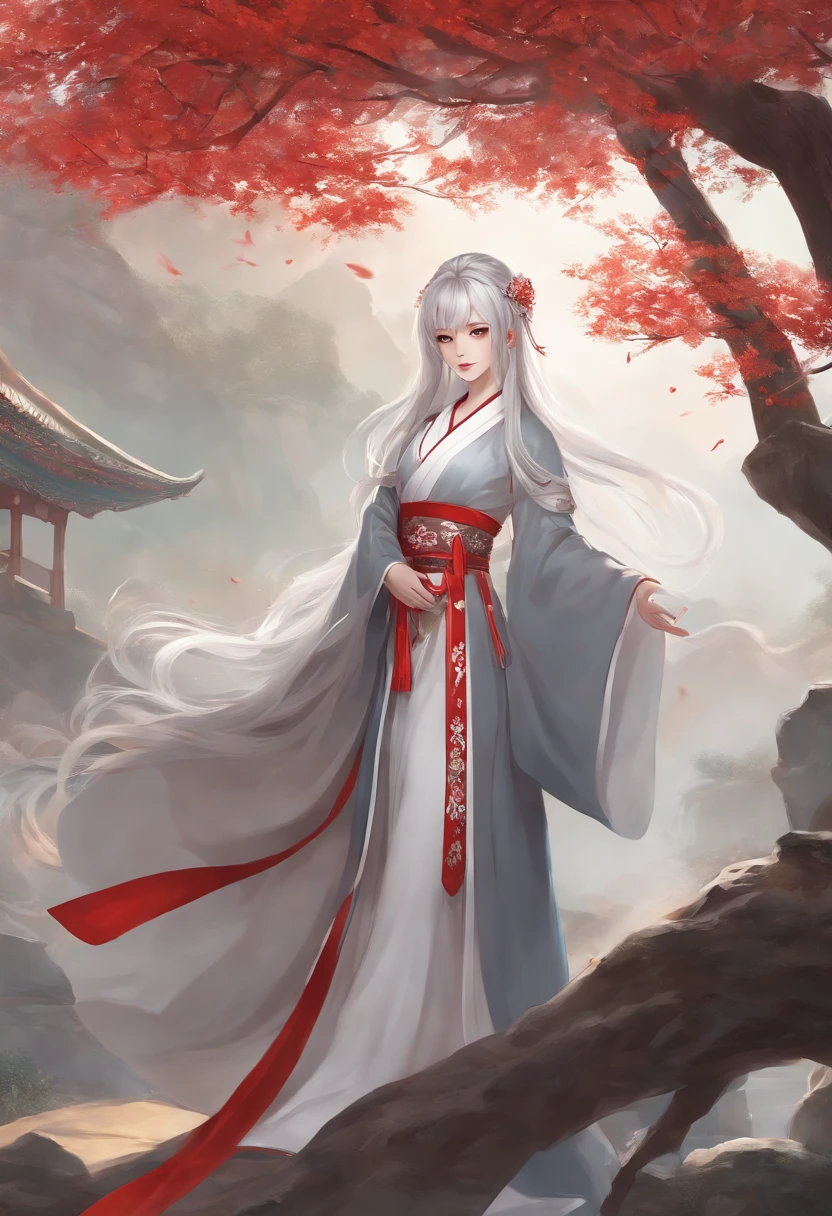 masterpiece, best quality, 1girl, solo, long hair, looking at viewer, smile, bangs, hair ornament, red eyes, long sleeves, dress, standing, collarbone, white hair, grey hair, alternate costume, wide sleeves, tree, chinese clothes, hairpin, hanfu, ningguang (genshin impact), Ningguang,