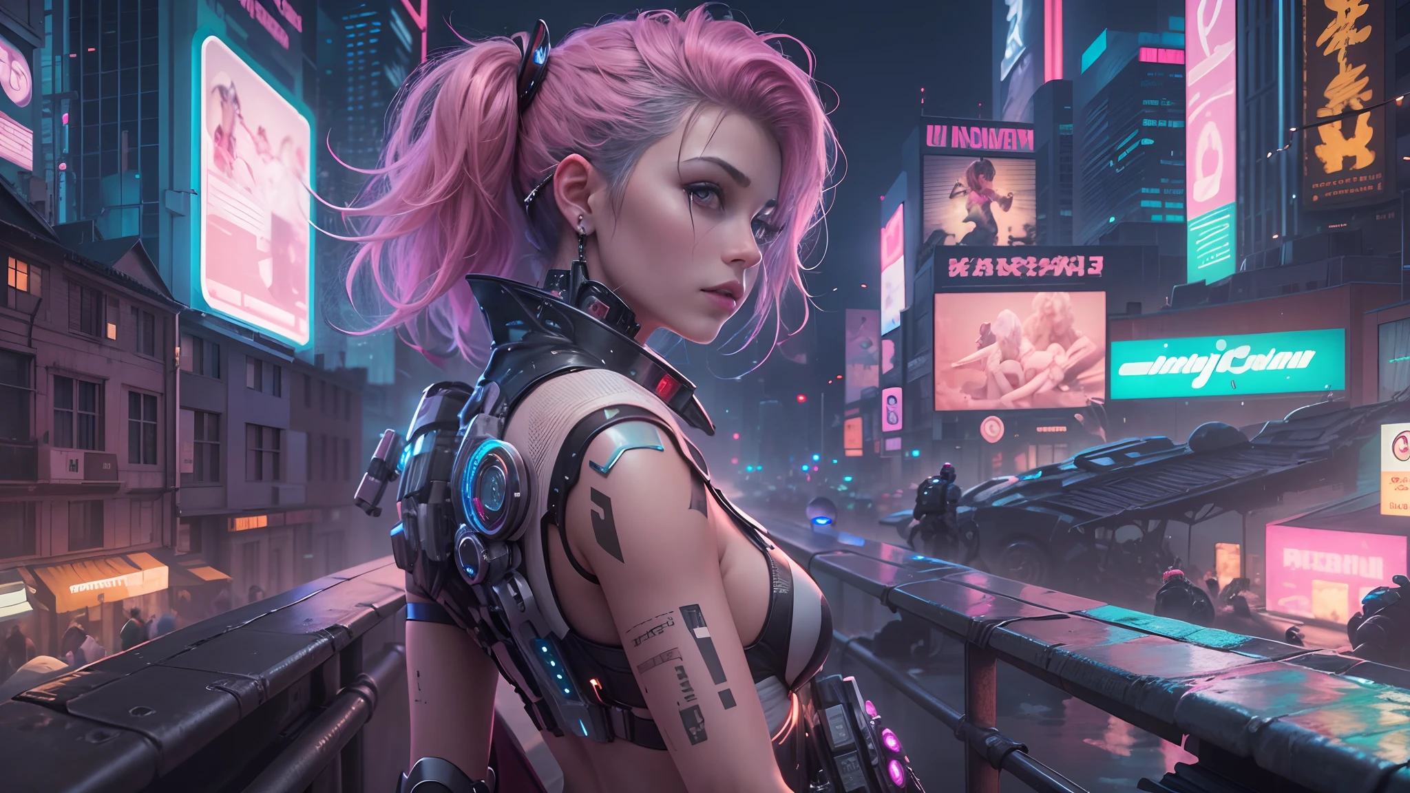 (Best quality,4K,8K,A high resolution,Masterpiece:1.2),Ultra-detailed,(Realistic,Photorealistic,photo-realistic:1.37),Cyberpunk,Girl,The center of the picture,looking at viewert，Mechanical,Metallic,robotic limb,Futuristic city landscape,Pink hair,nigth,mysterious,Vibrant colors,which stands on the street，high-heels，,(lamplight),Science fiction elements,urban chic,full bodyesbian