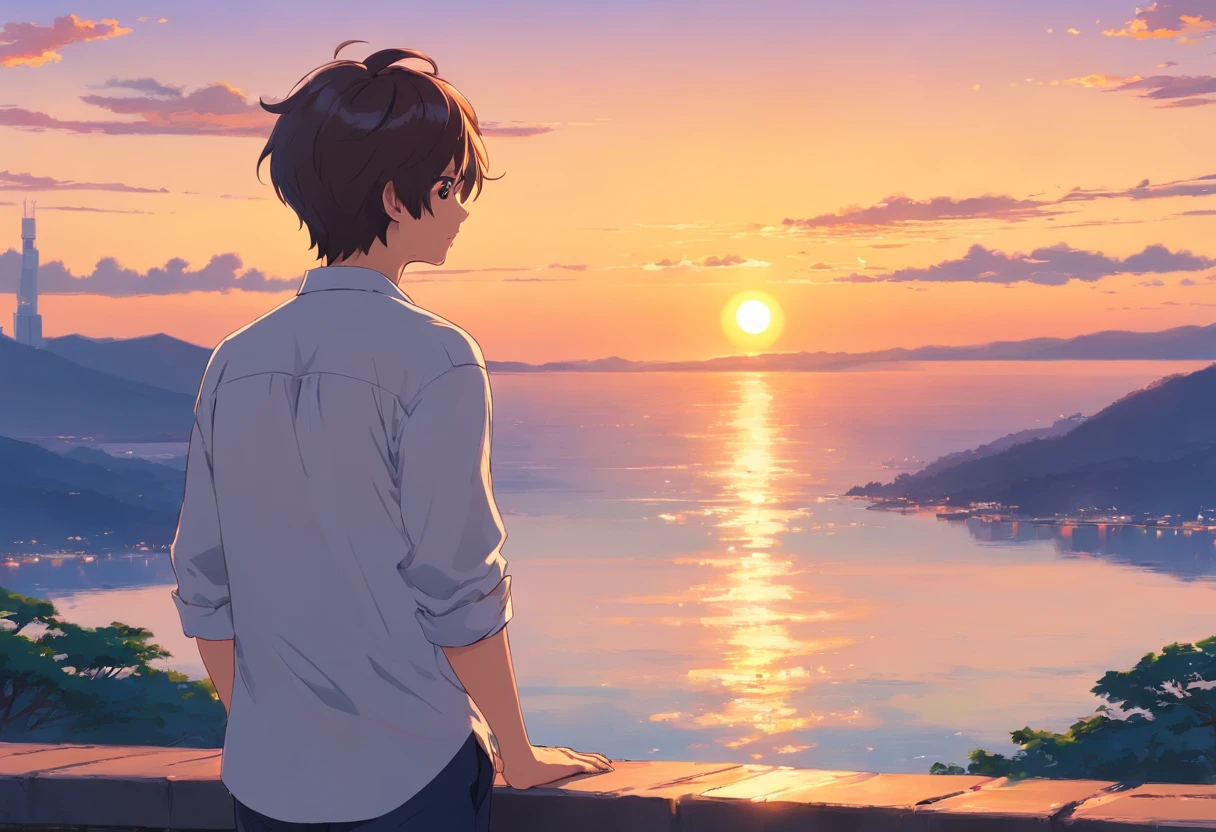 Painting of a man looking at the sunset, back-view, Short hair, White long-sleeved shirt
