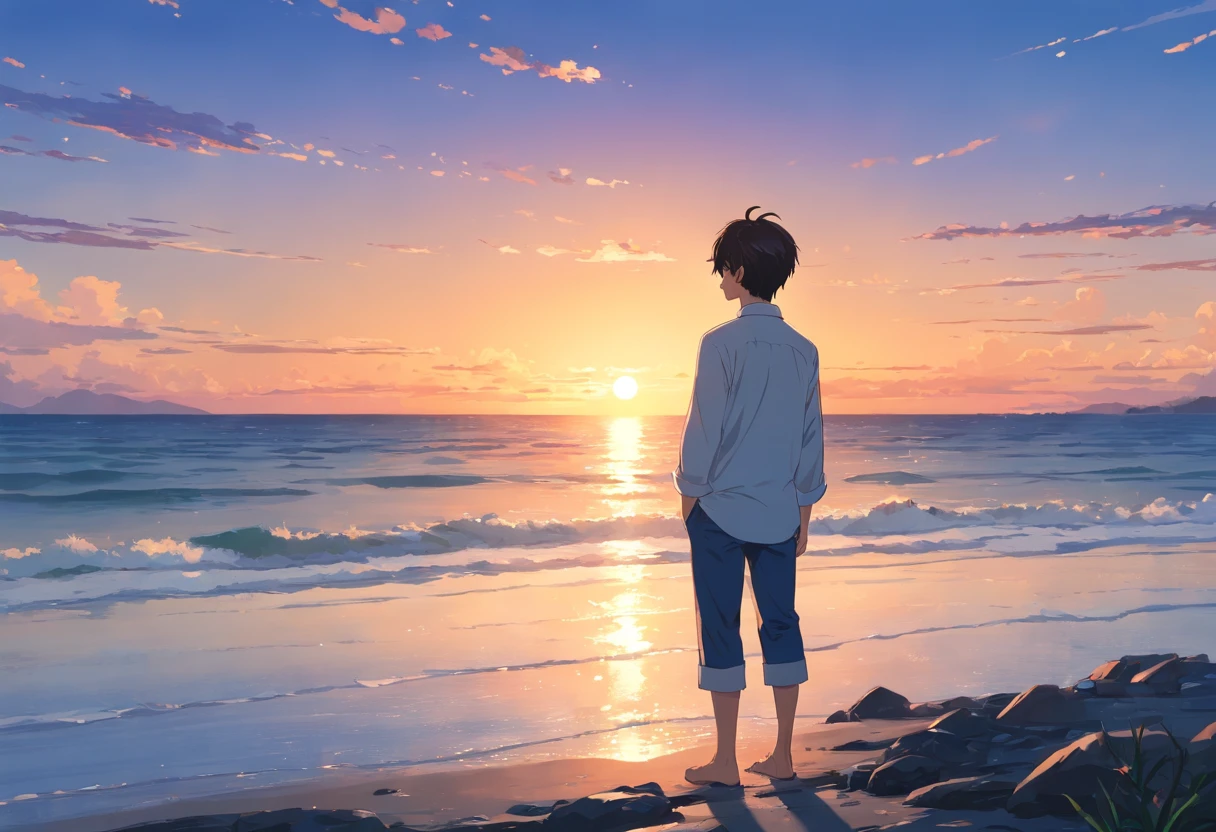 Painting of a man looking at the sunset, back-view, Short hair, White long-sleeved shirt