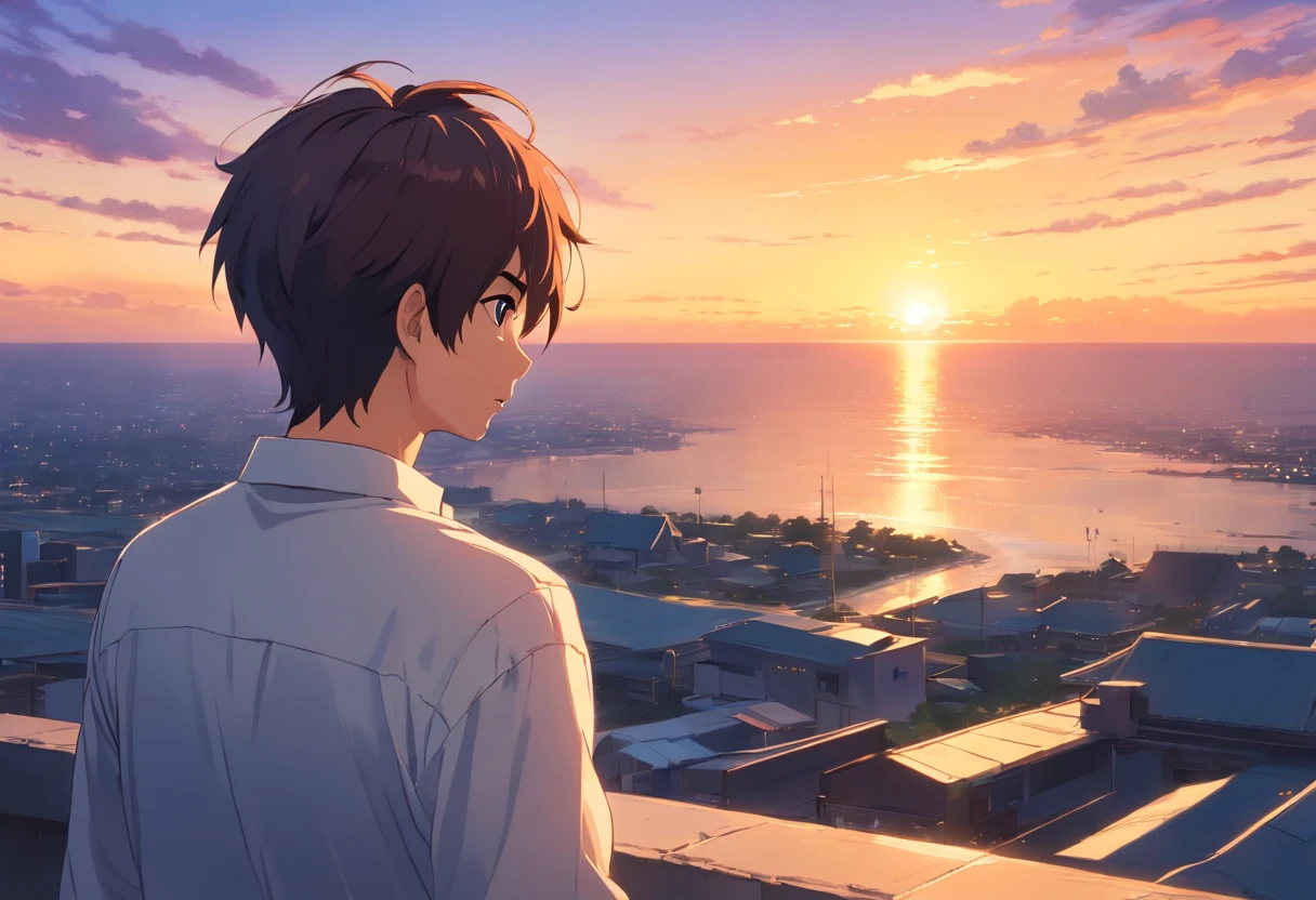 Painting of a man looking at the sunset, back-view, Short hair, White long-sleeved shirt