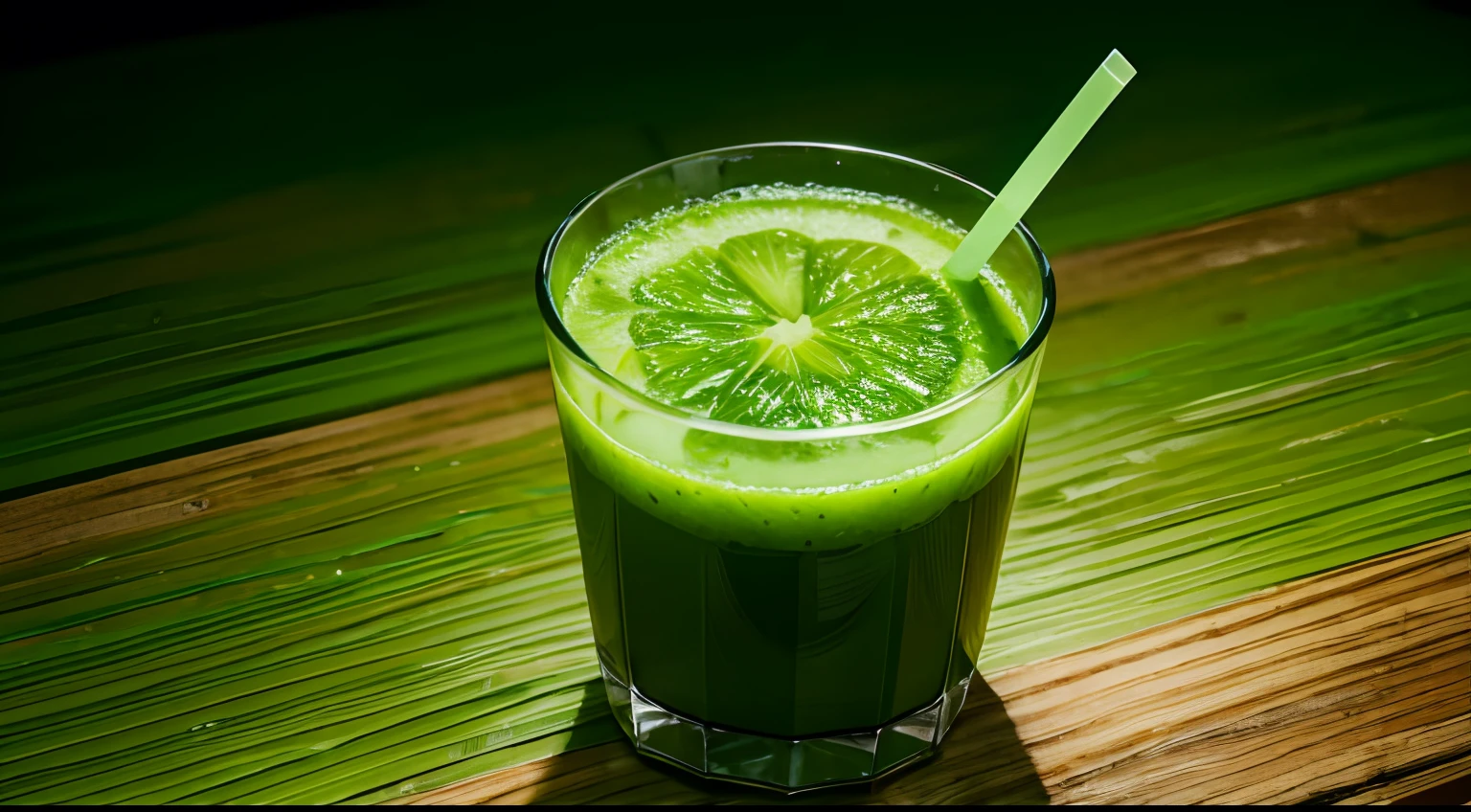 The light green green juice contains various vegetables and looks delicious.